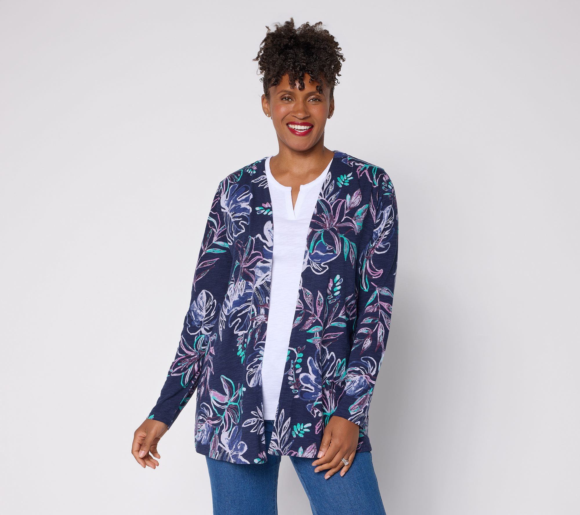 Denim & Co. Petite Cotton Slub Open Front Cardigan