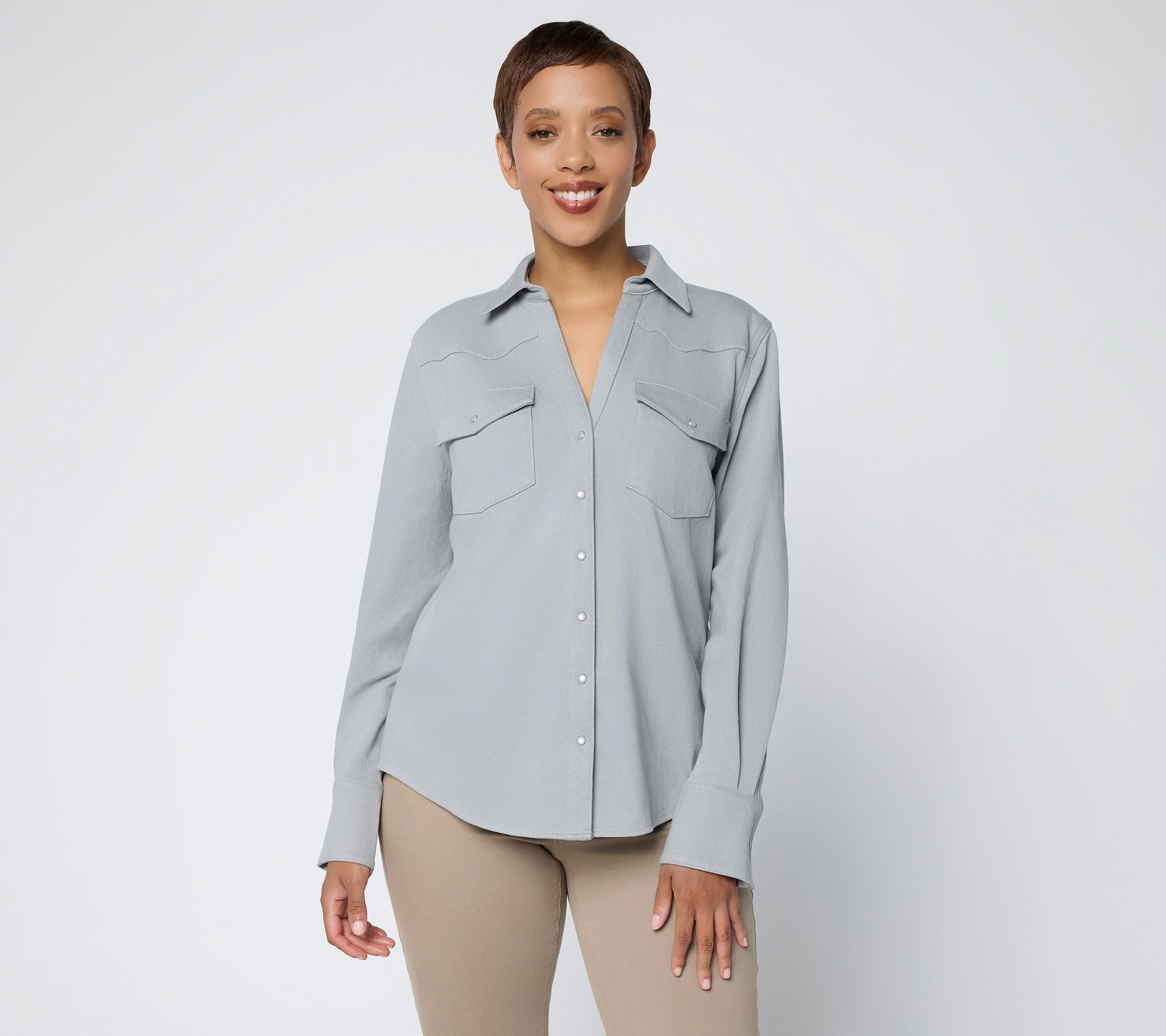 Susan Graver Knit Denim Snap Front Y Neck Denim Shirt