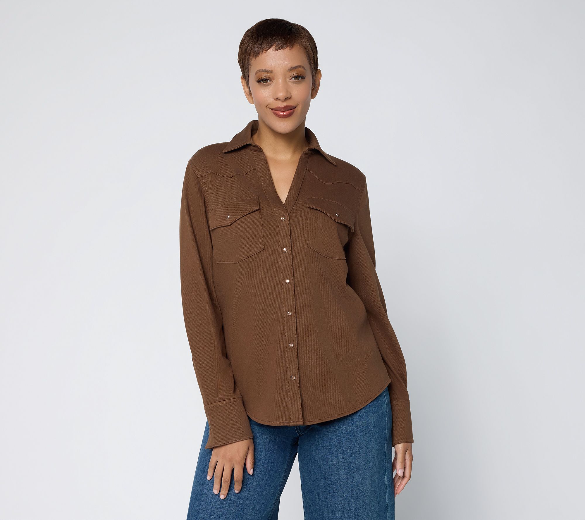 Susan Graver Knit Denim Snap Front Y Neck Denim Shirt