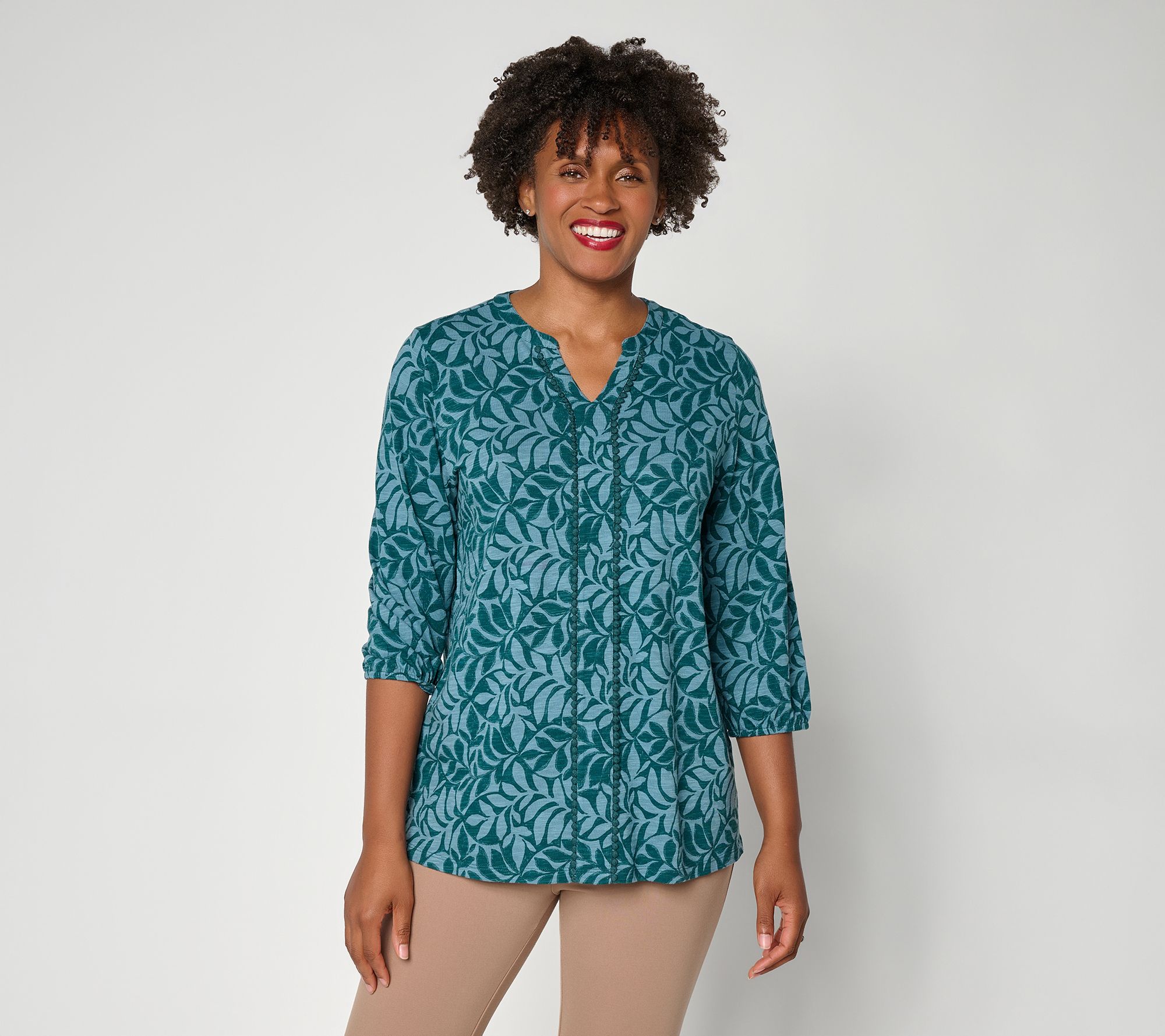 Denim & Co. Printed Cotton Slub 3/4 Sleeve Y-Neck Blouse