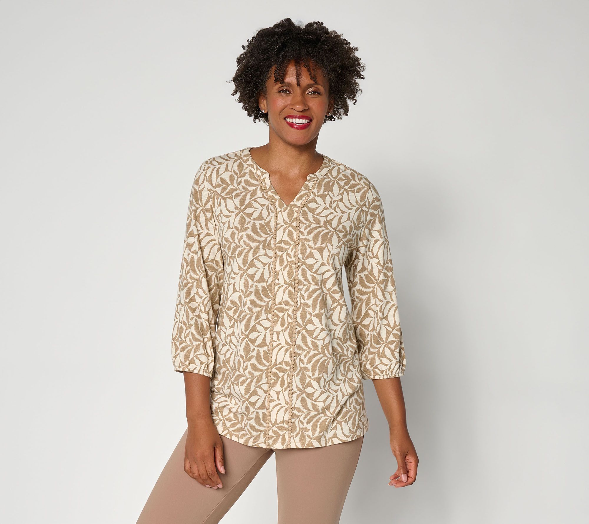 Denim & Co. Printed Cotton Slub 3/4 Sleeve Y-Neck Blouse
