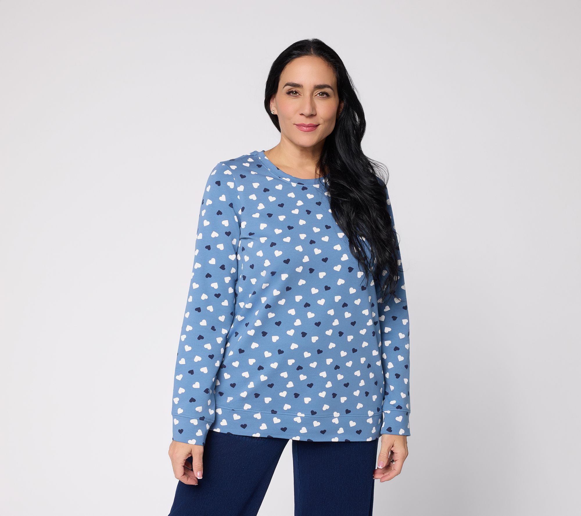 "As Is" Denim & Co. Printed Hearts French Terry Long Sleeve Top
