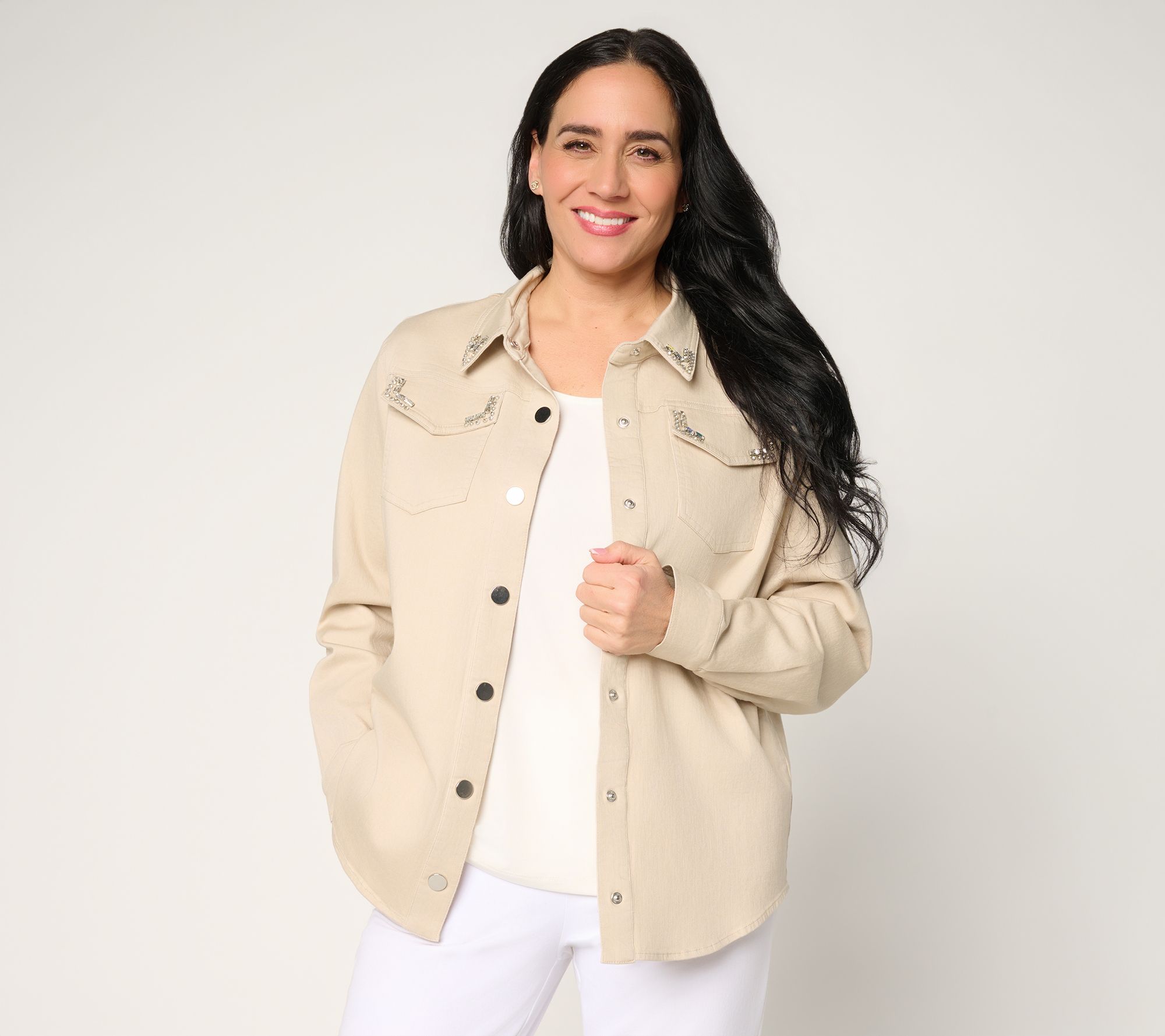 "As Is" Susan Graver Weekend Garment Washed Stretch Cotton Shacket w/Embel