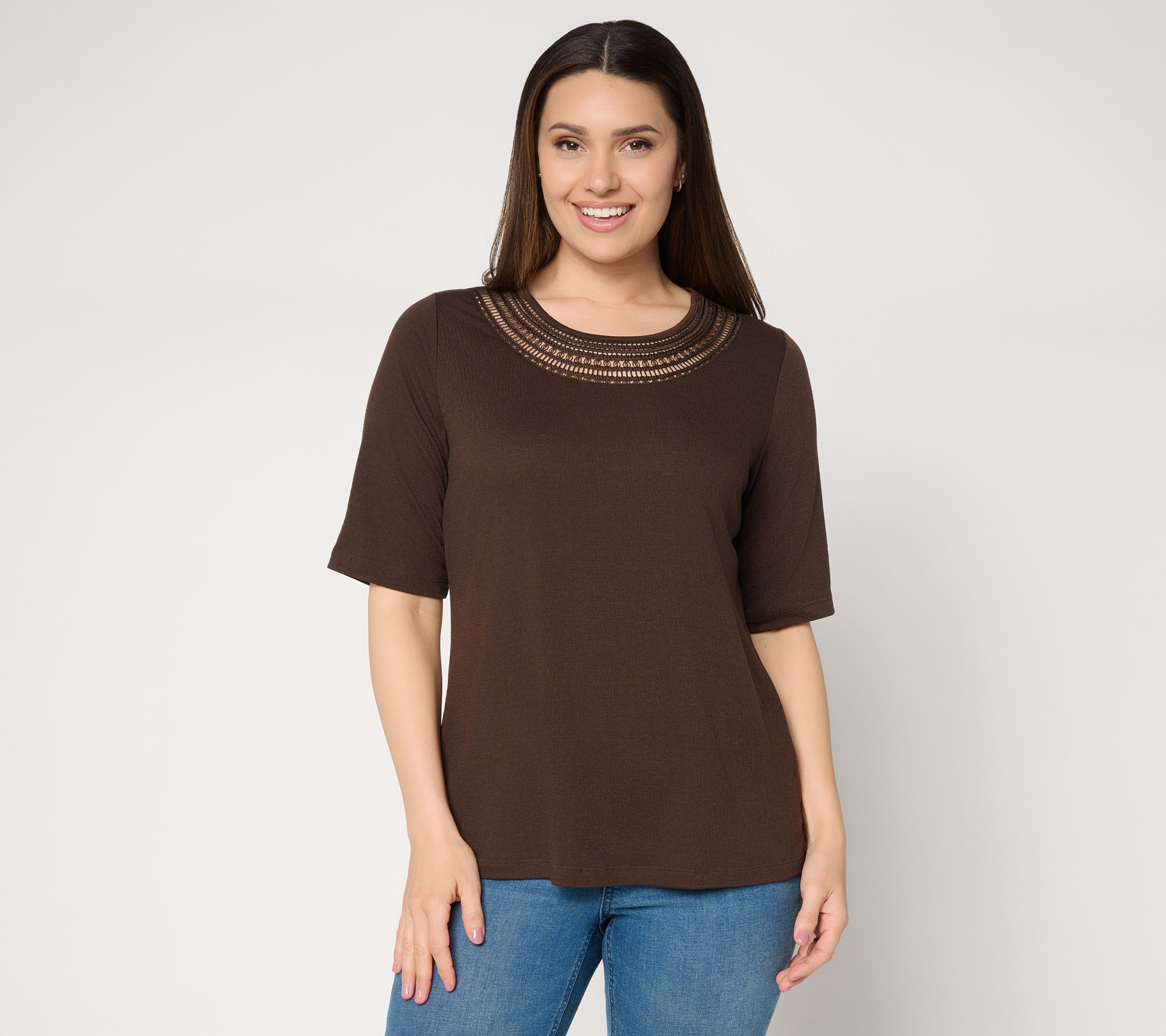 "As Is" Denim & Co. Beach Knit Gauze Elbow Sleeve Top w/ Crochet