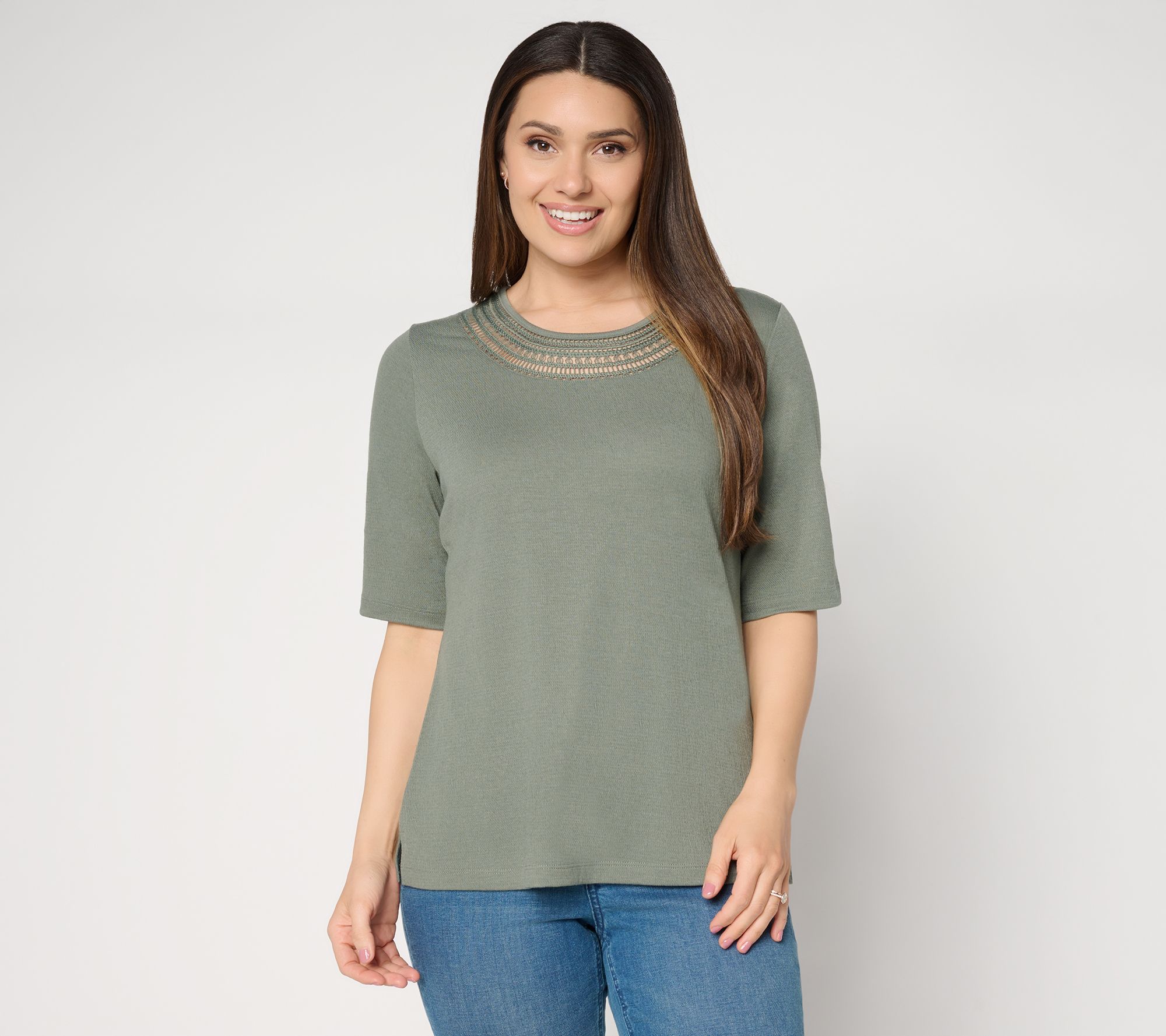 "As Is" Denim & Co. Beach Knit Gauze Elbow Sleeve Top w/ Crochet