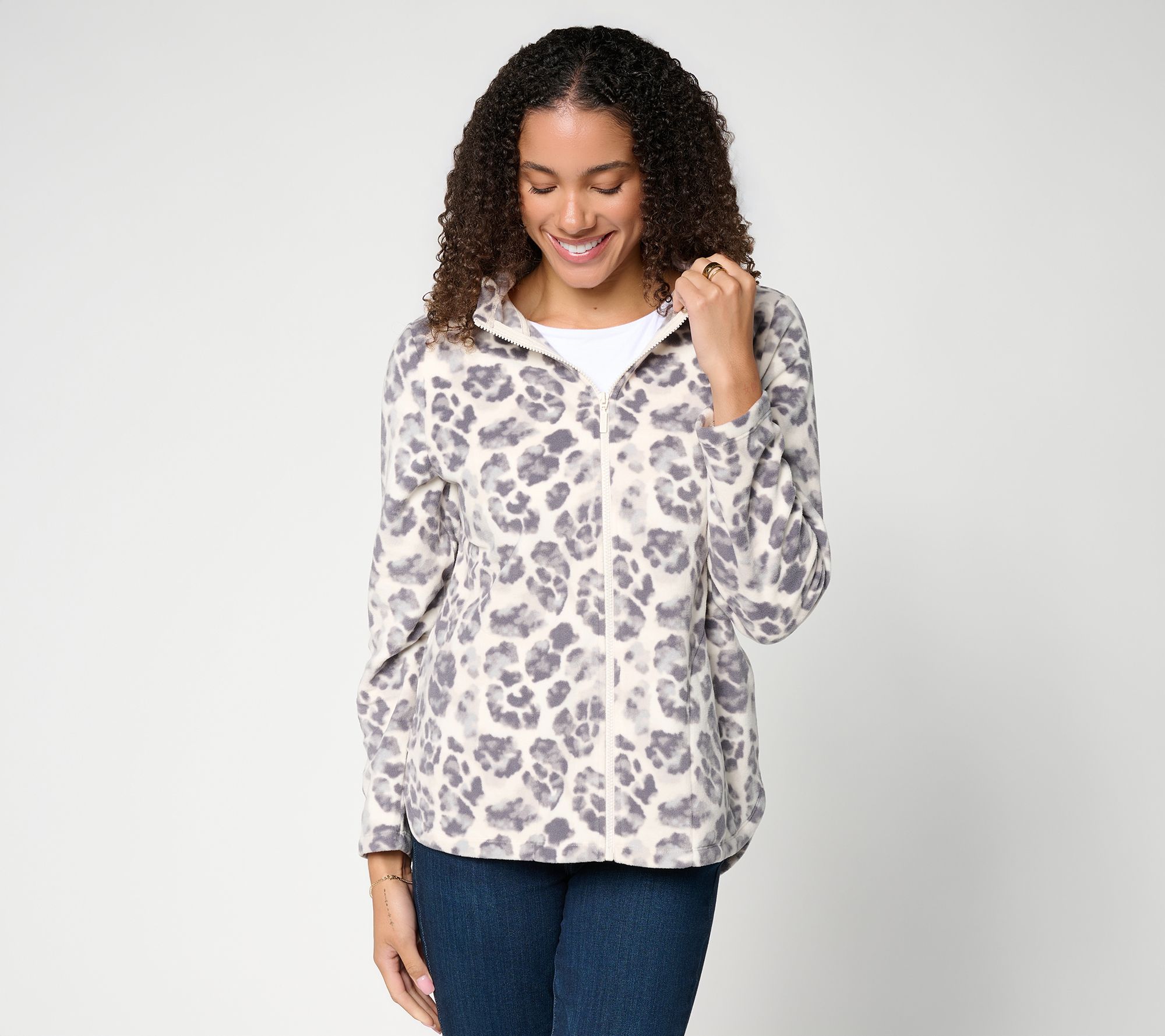 Denim & Co. Active Printed Fleece Zip-Front Hooded Jacket