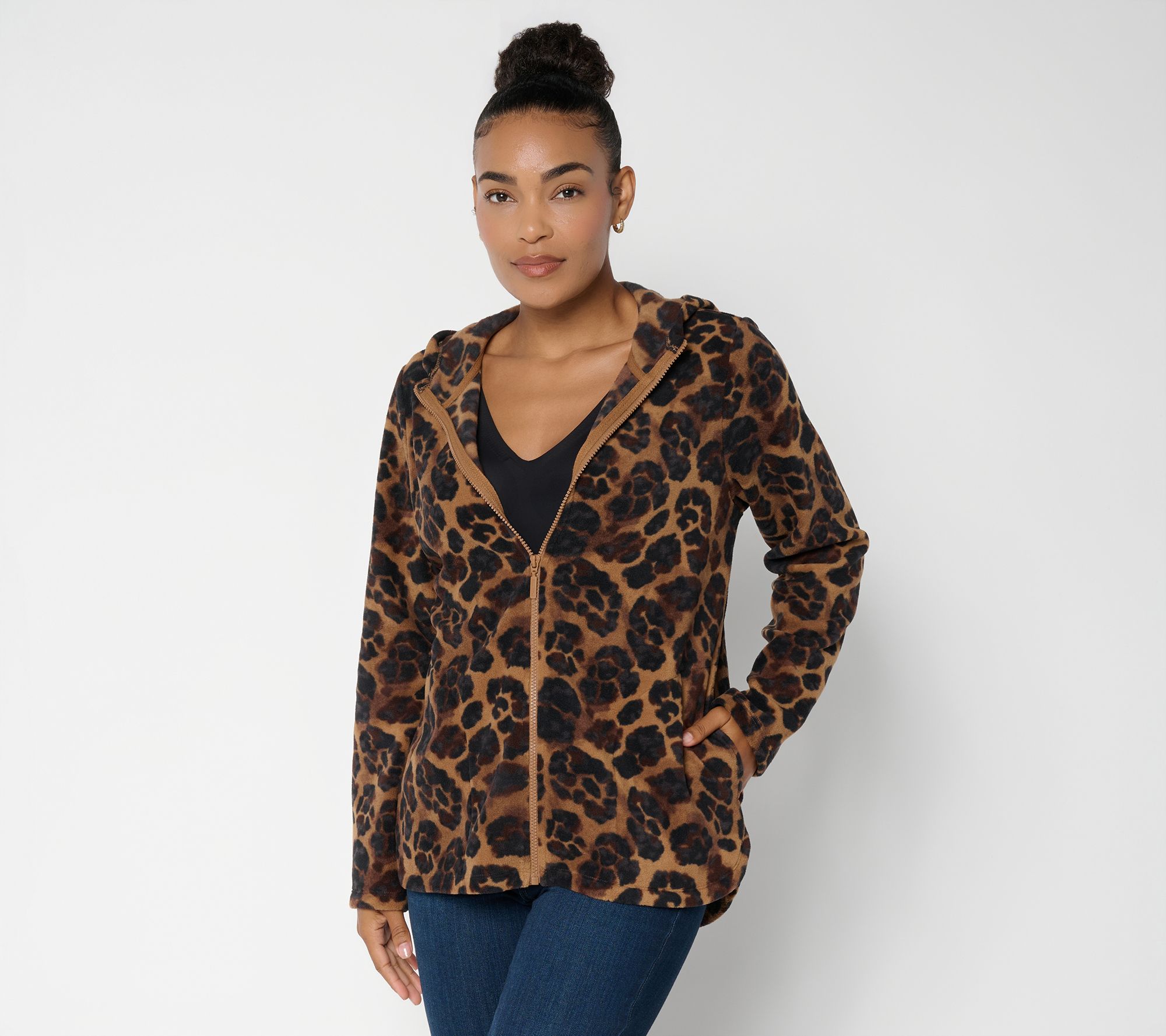 Denim & Co. Active Printed Fleece Zip Front Hooded Jacket
