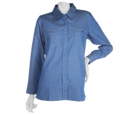 Susan Graver Chambray Button Front Big Shirt with Contrast Stitch ...