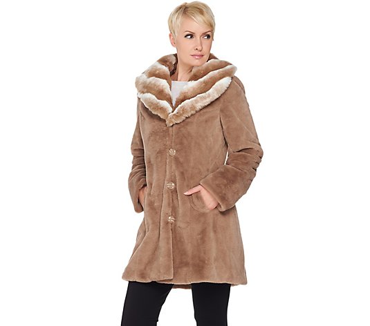 "As Is" Dennis Basso Faux Fur Coat with Removable Hood and Collar