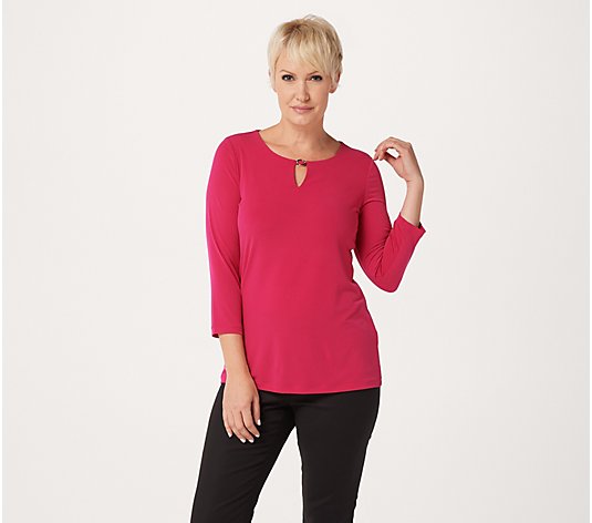 Susan Graver Liquid Knit 3/4-Sleeve Top with Keyhole Detail