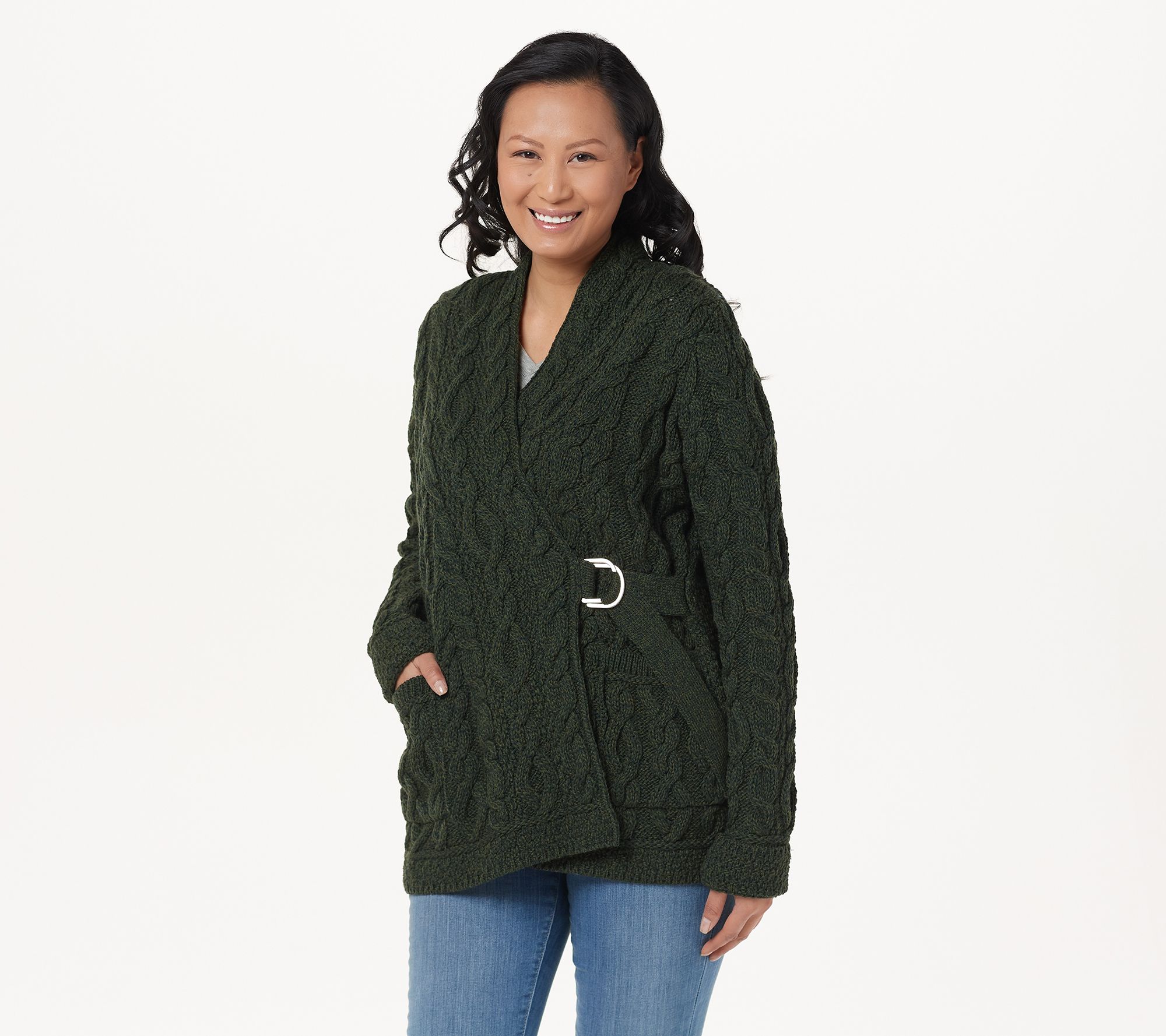 Aran Craft Merino Wool Wrap Front Cardigan withBelt - A393425