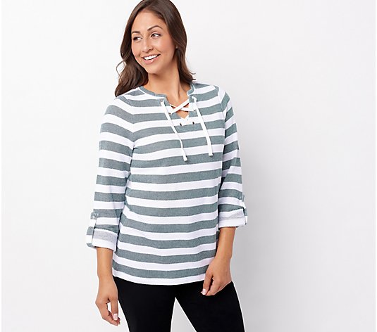 Denim & Co. Striped Textured French Terry Lace Front Top