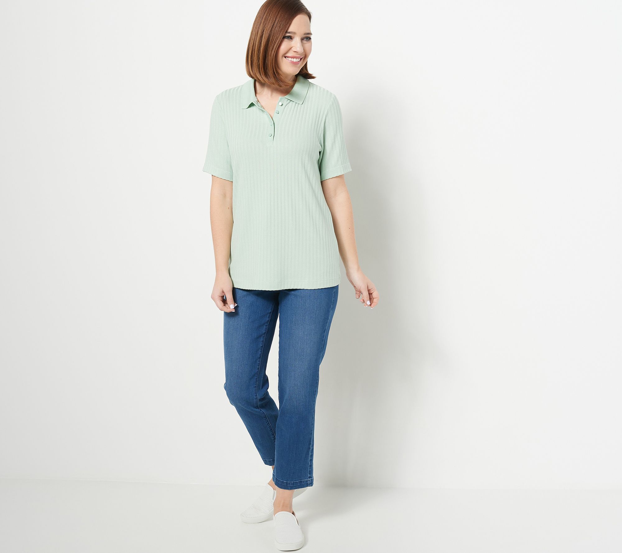 Isaac Mizrahi Live! Ribbed Elbow Sleeve Polo with Pearl Buttons