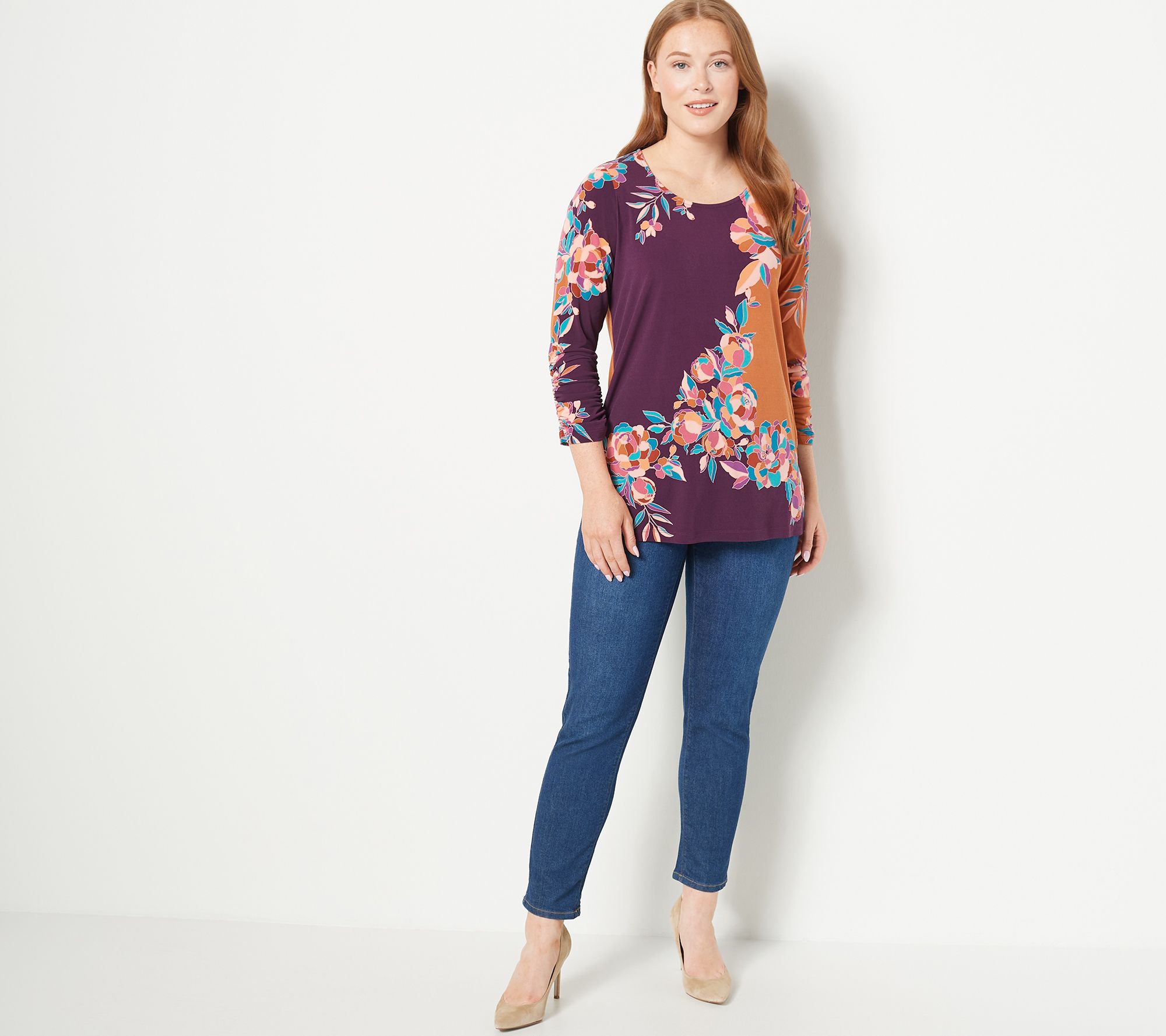 GRAVER Susan Graver Printed Liquid Knit Tunic w/ Ruched Sleeves - QVC.com