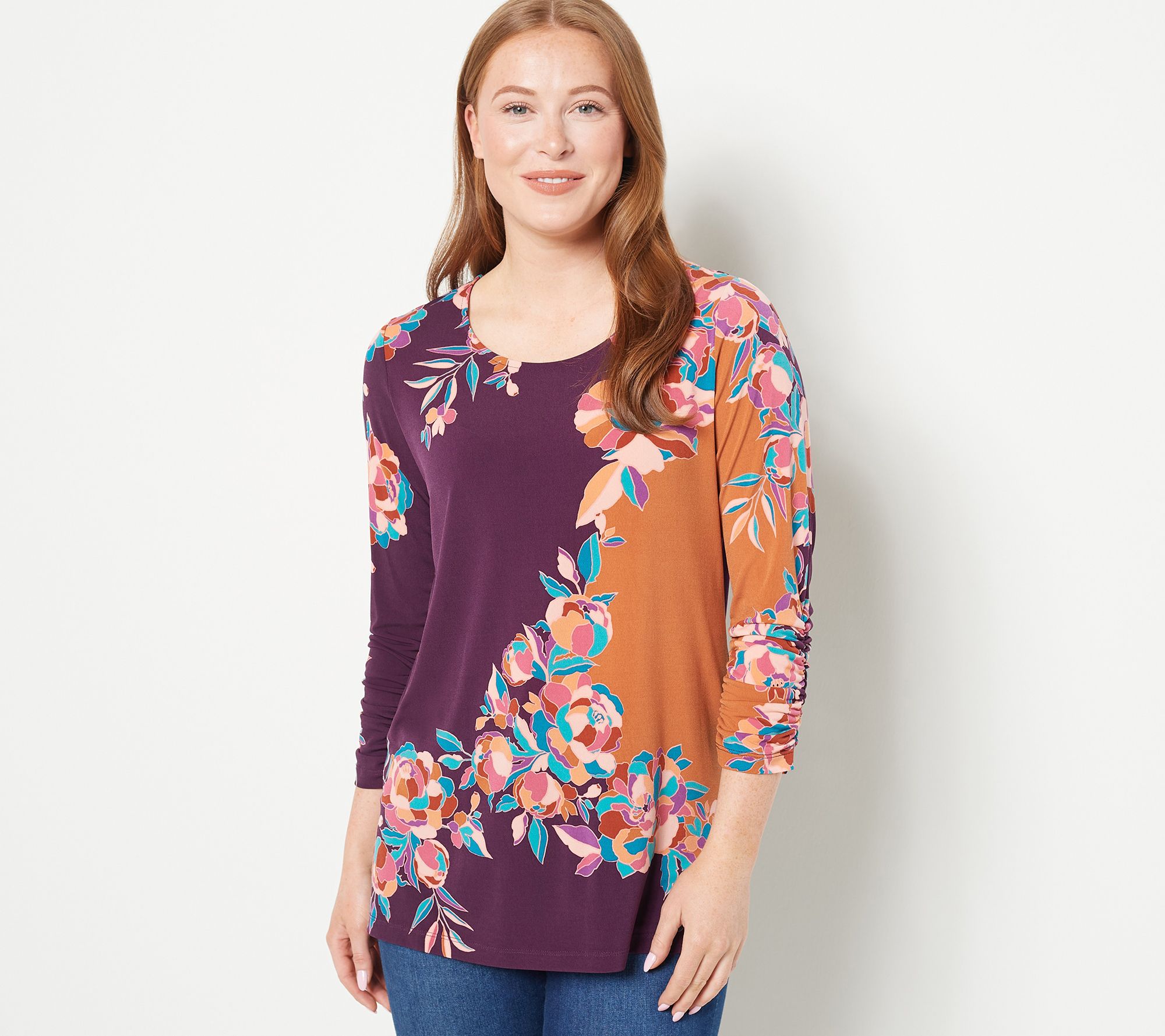 GRAVER Susan Graver Printed Liquid Knit Tunic w/ Ruched Sleeves