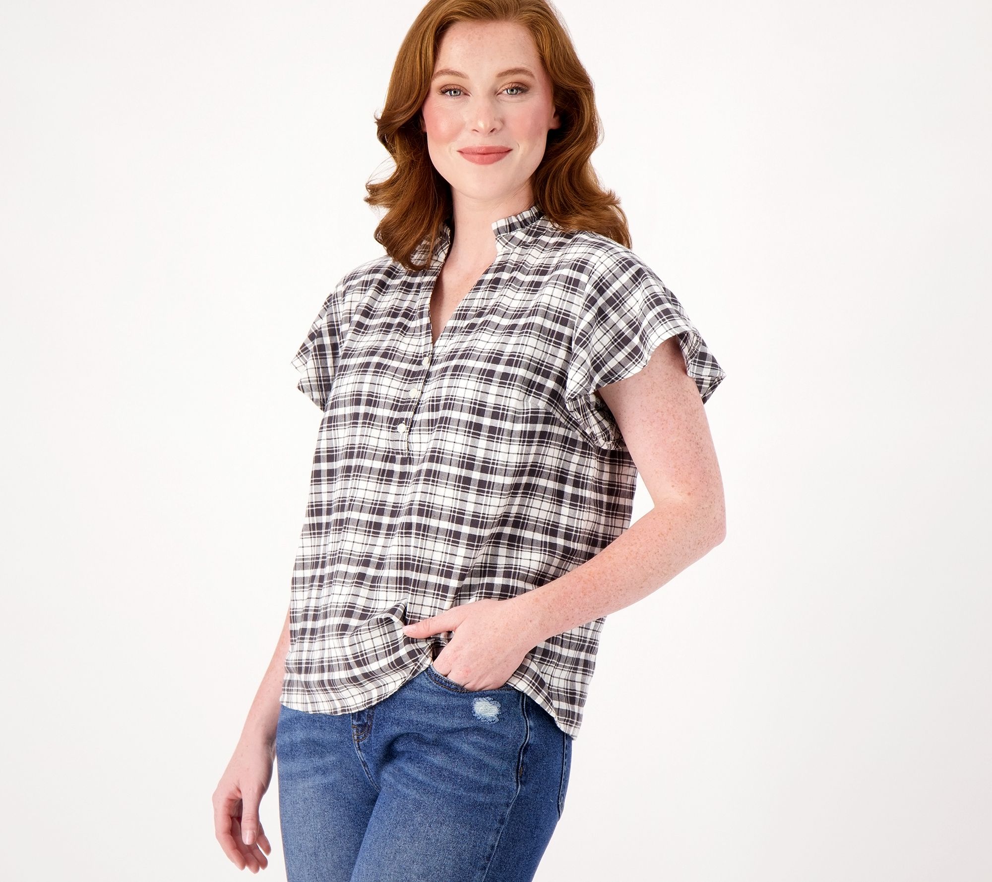 Candace Cameron Bure Plaid Flutter- Sleeve Blouse w/Ruffle Collar