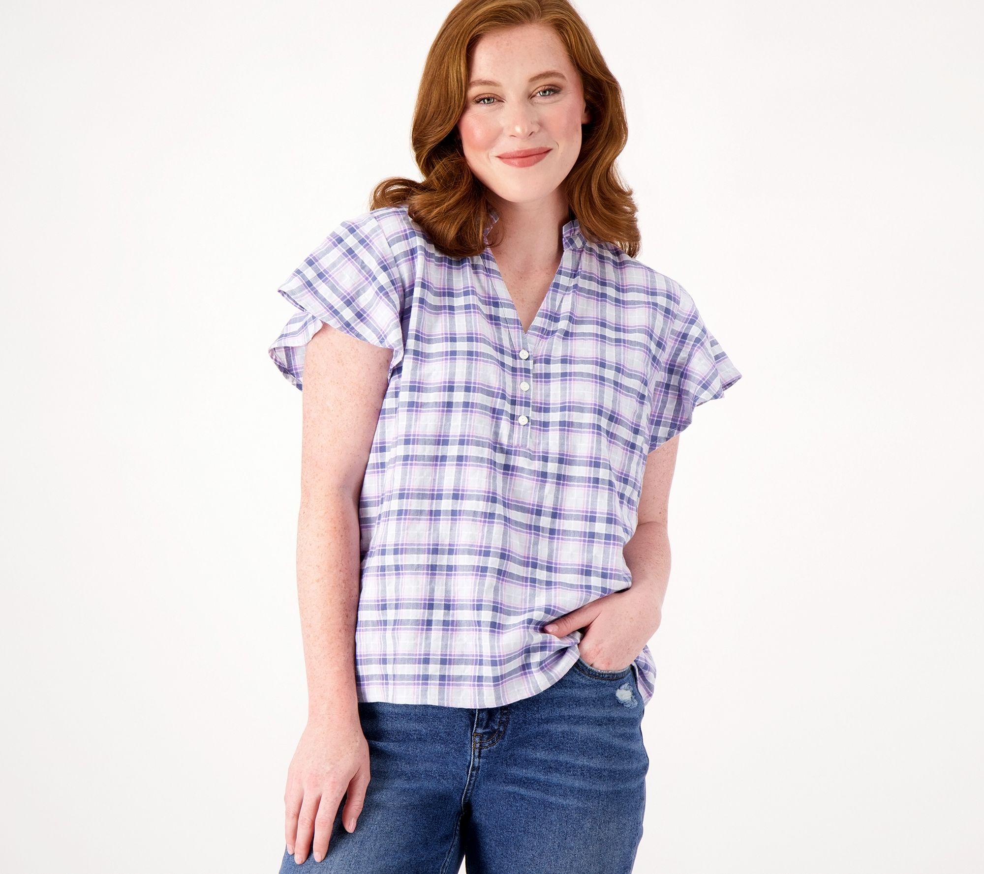 Candace Cameron Bure Plaid Flutter- Sleeve Blouse w/Ruffle Collar