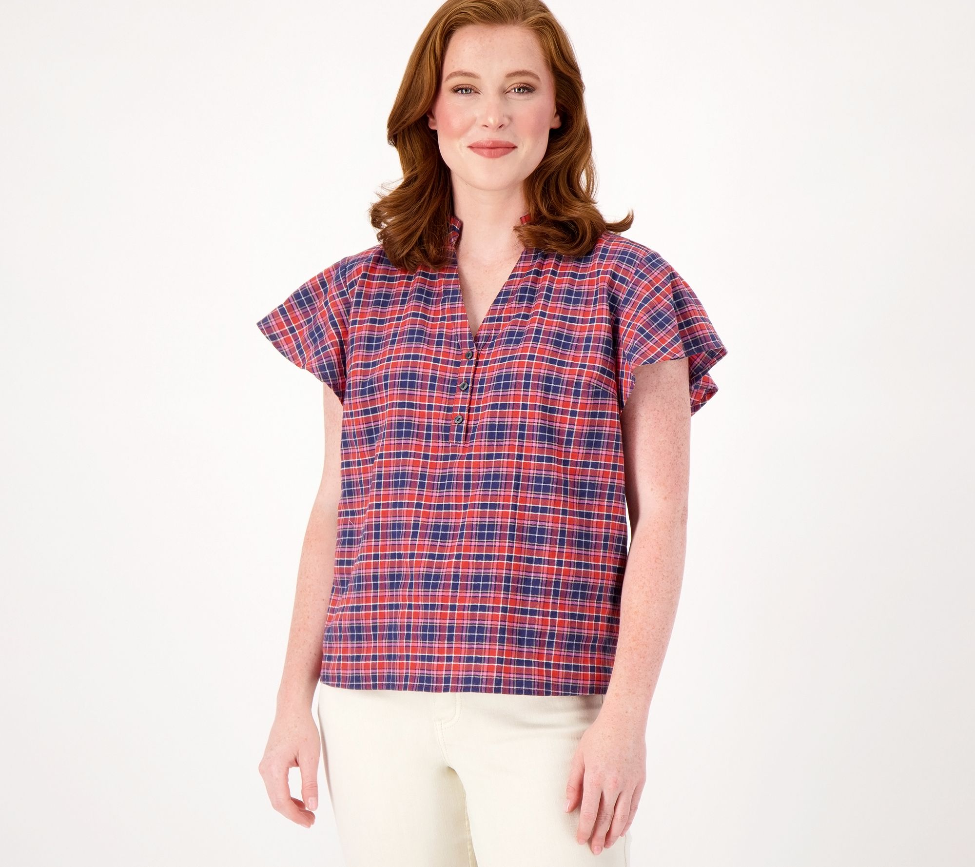 Candace Cameron Bure Plaid Flutter- Sleeve Blouse w/Ruffle Collar