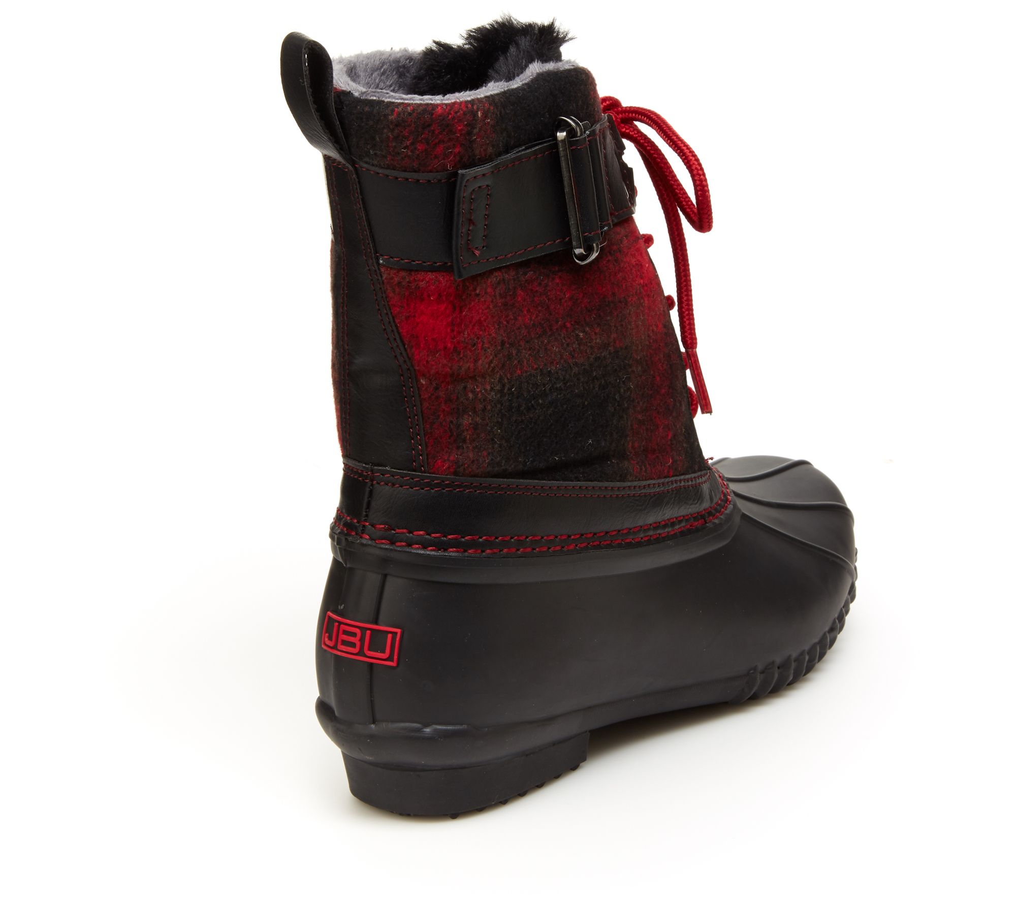 red and black checkered duck boots