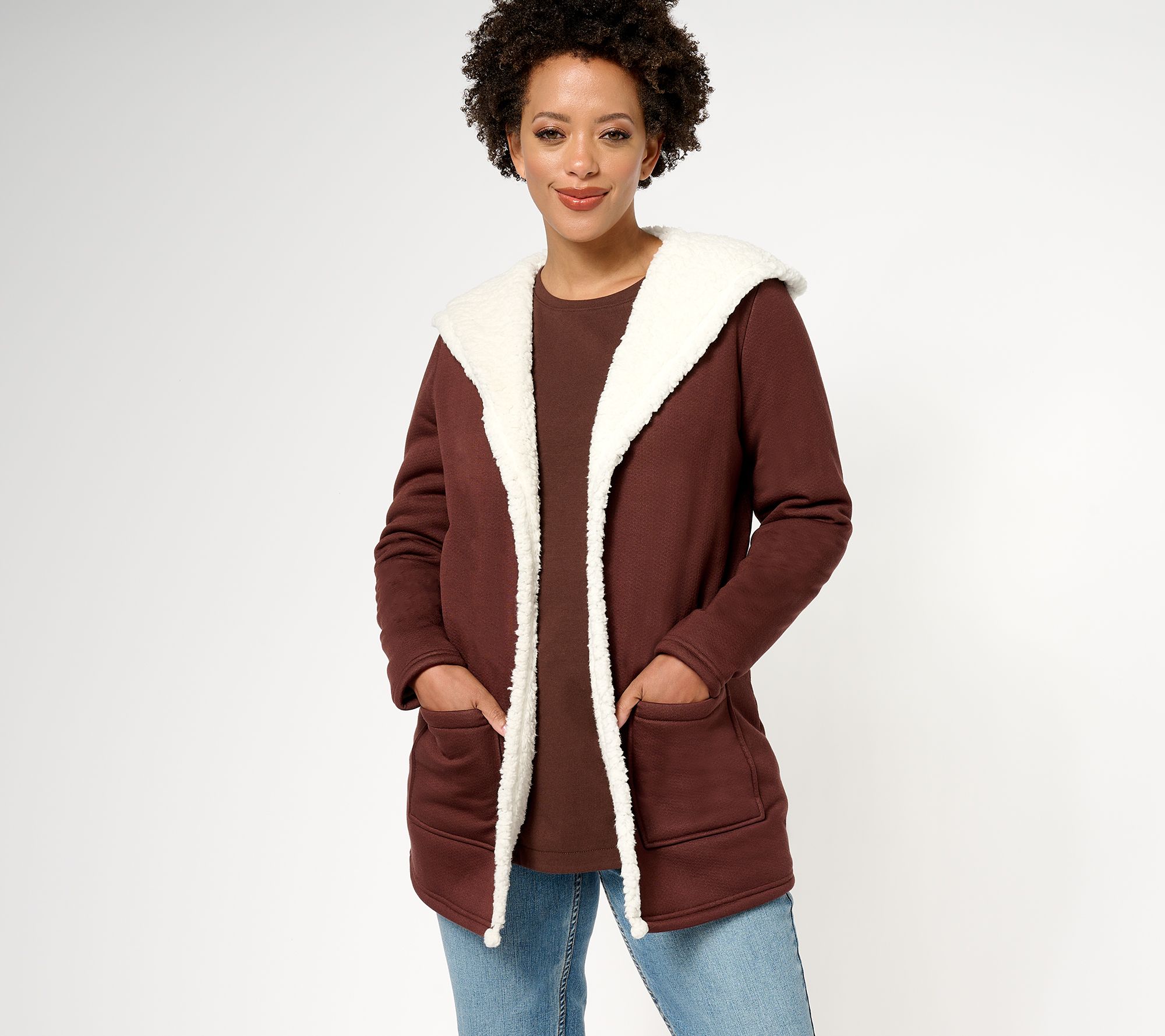 Denim & Co. Sherpa Bonded Hooded Jacket with Pockets - QVC.com