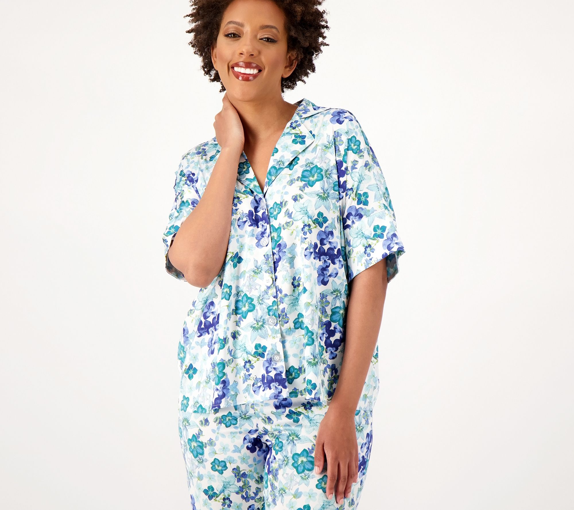 Breezies Lounge All Over Floral Button Front Shirt - QVC.com