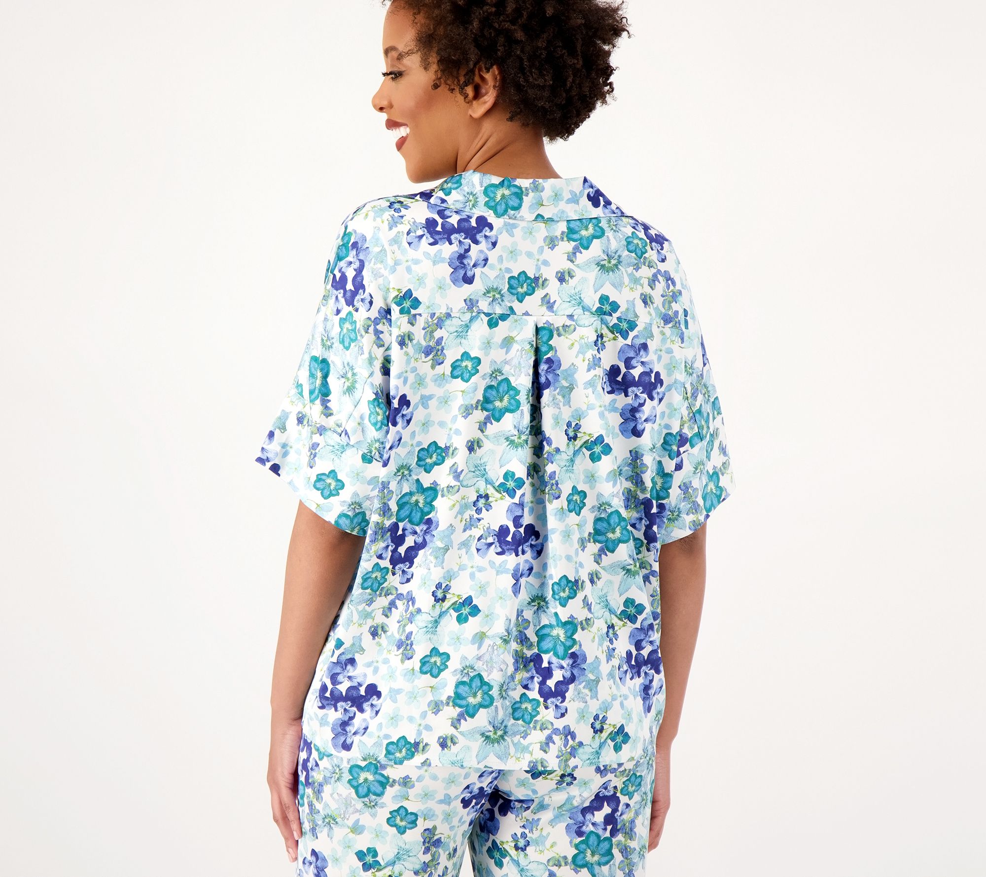 BREEZIES Open Front Short Sleeve Lounge Topper Blue Floral XS/S