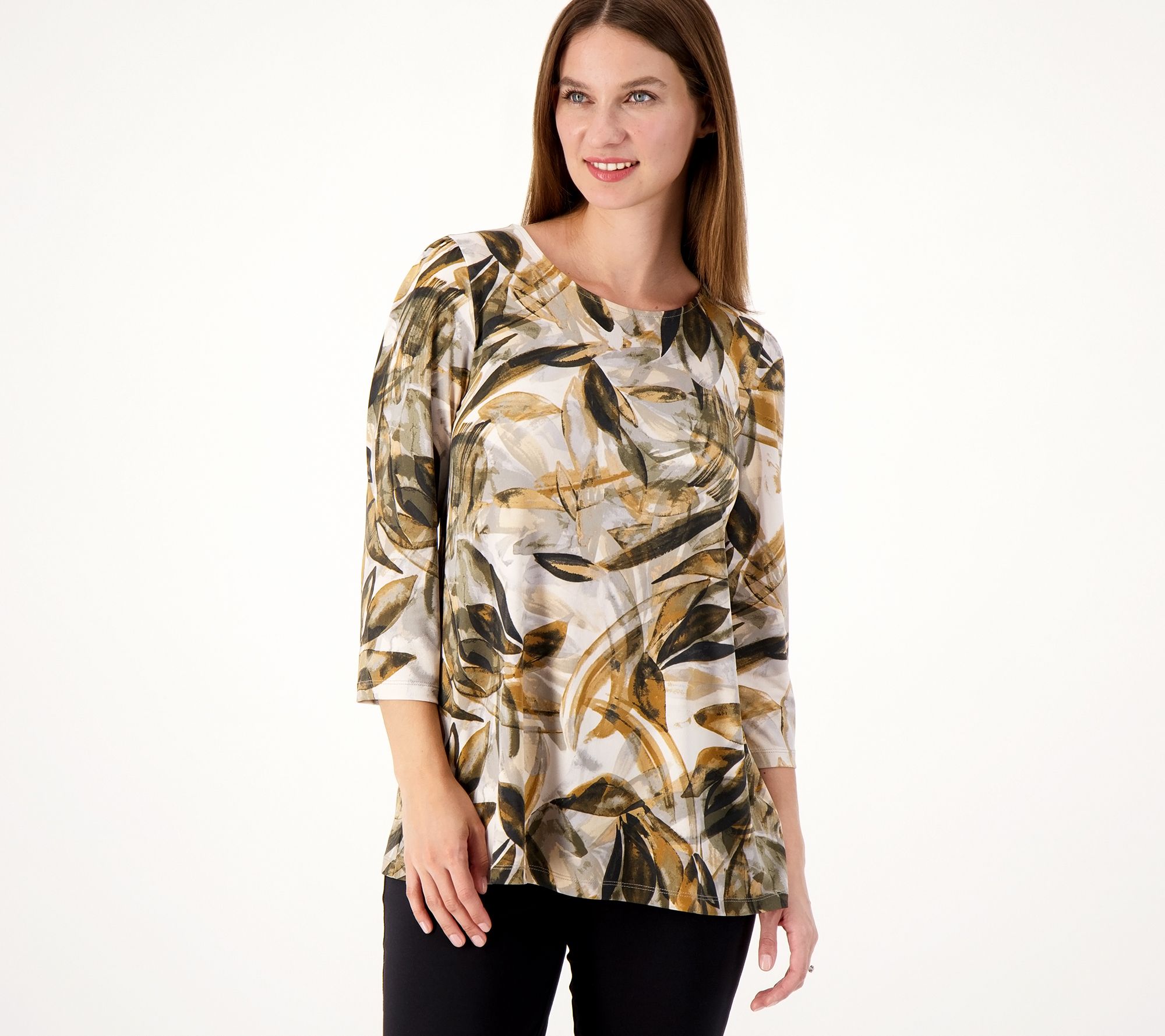 Susan Graver Printed Liquid Knit A-Line Top with Shirred Sleeve