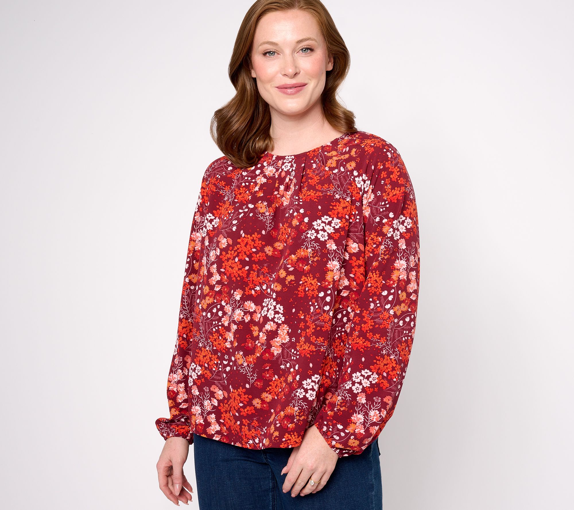 Denim & Co. Long Sleeve Printed Blouse with Pleat Detail - QVC.com