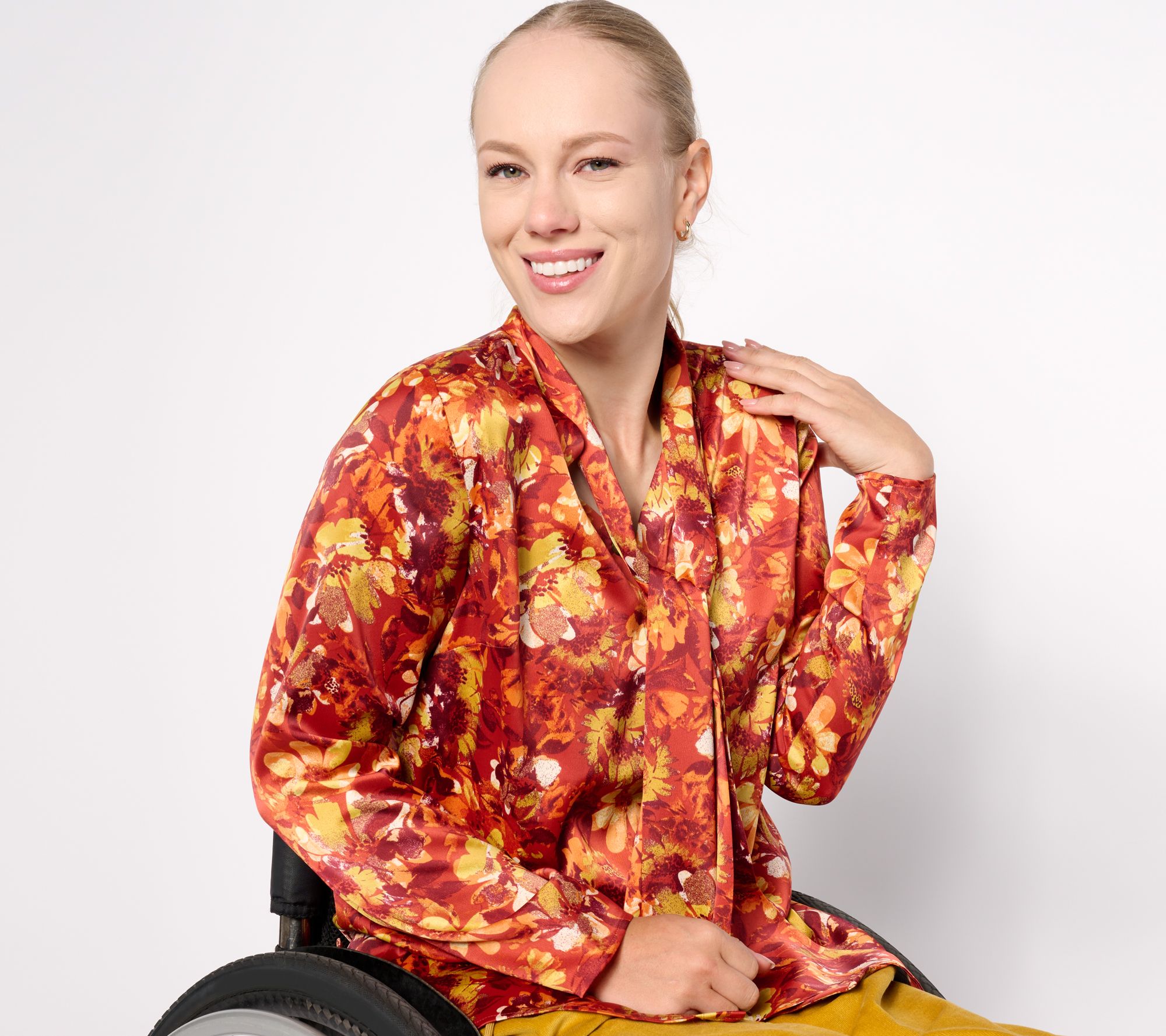 Denim & Co. Adaptive Floral Printed Blouse with Neck Tie Detail