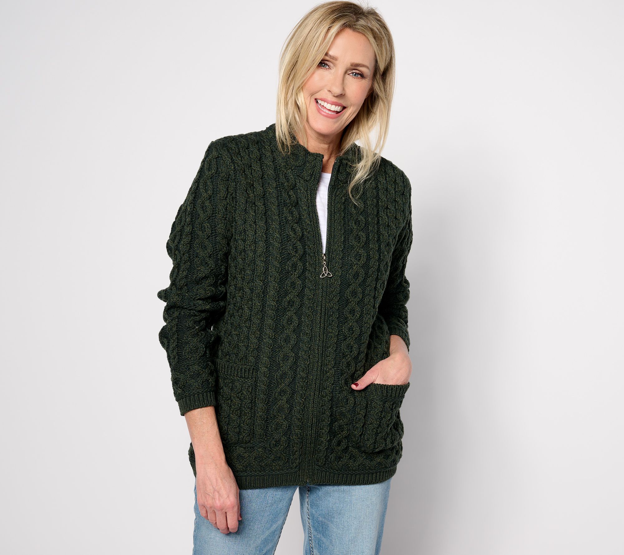 Aran Craft Merino Wool Open Front Cardigan with Pockets 