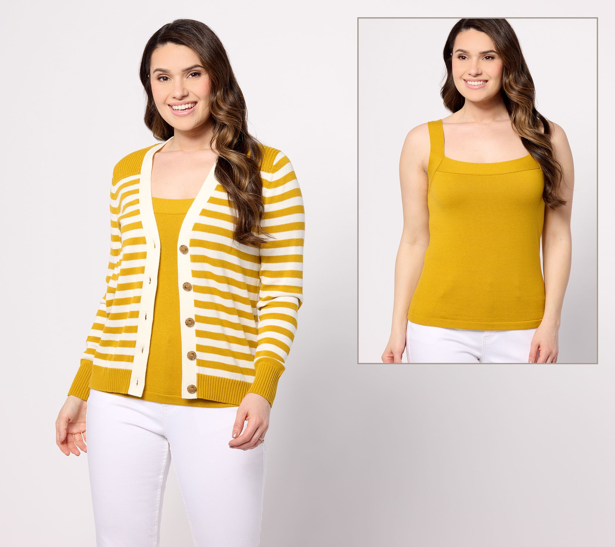 AnyBody Striped Cardigan & Solid Tank Sweater Set