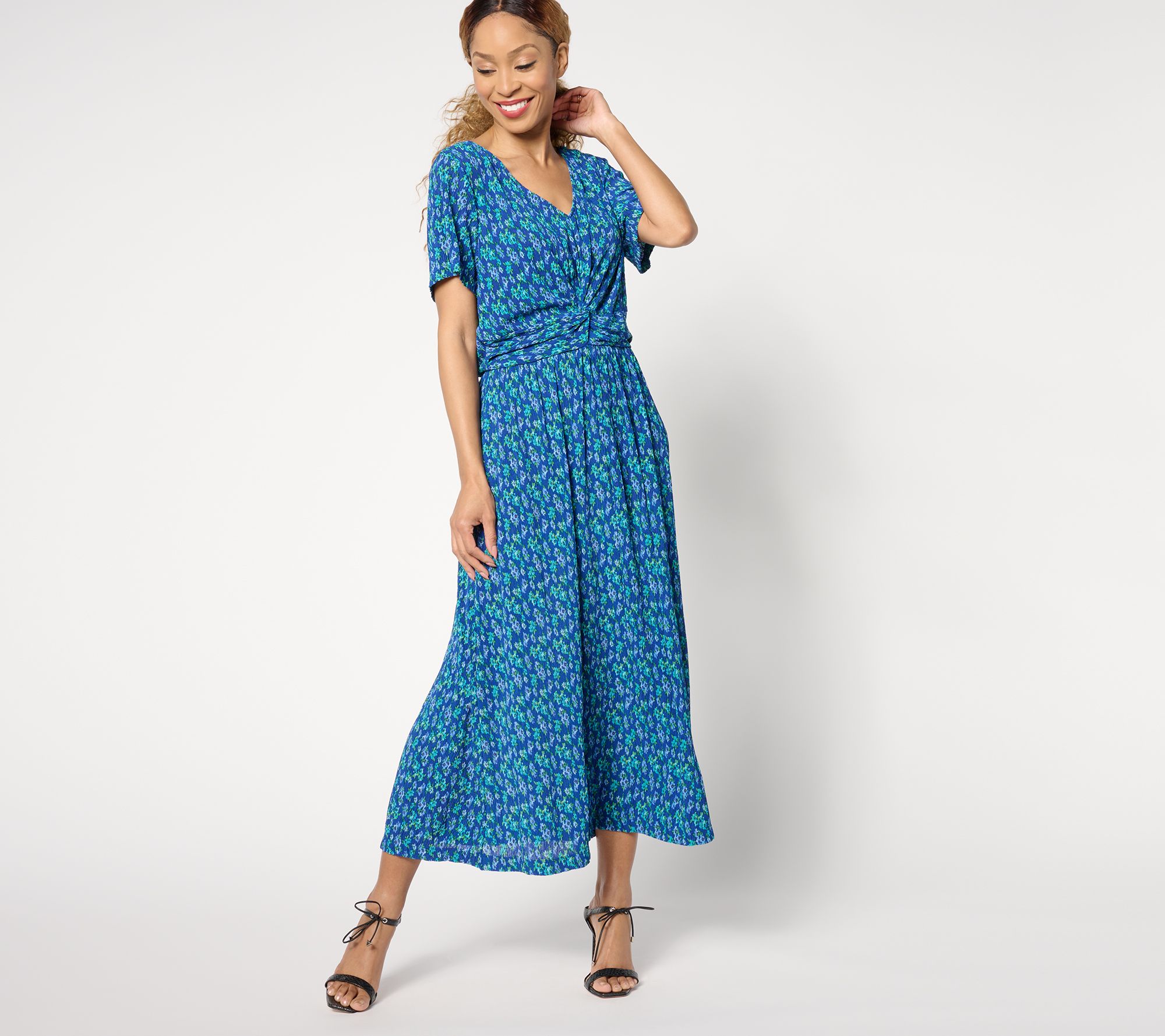 Isaac Mizrahi Live! Regular Printed Crinkle Knit Short Slv Maxi Dress