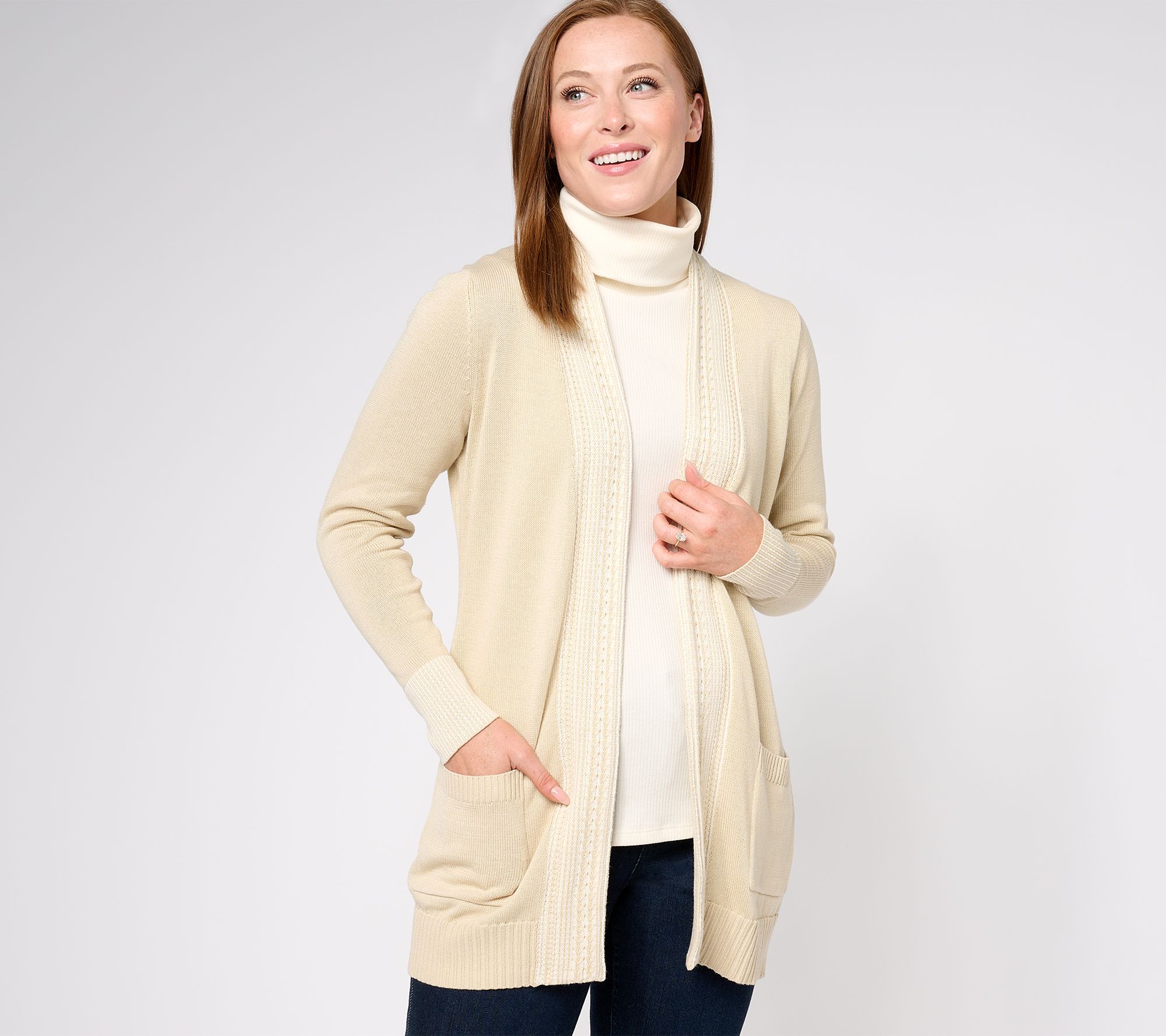 "As Is" Isaac Mizrahi Live! Estate A-Line Cardigan with Cable Trim