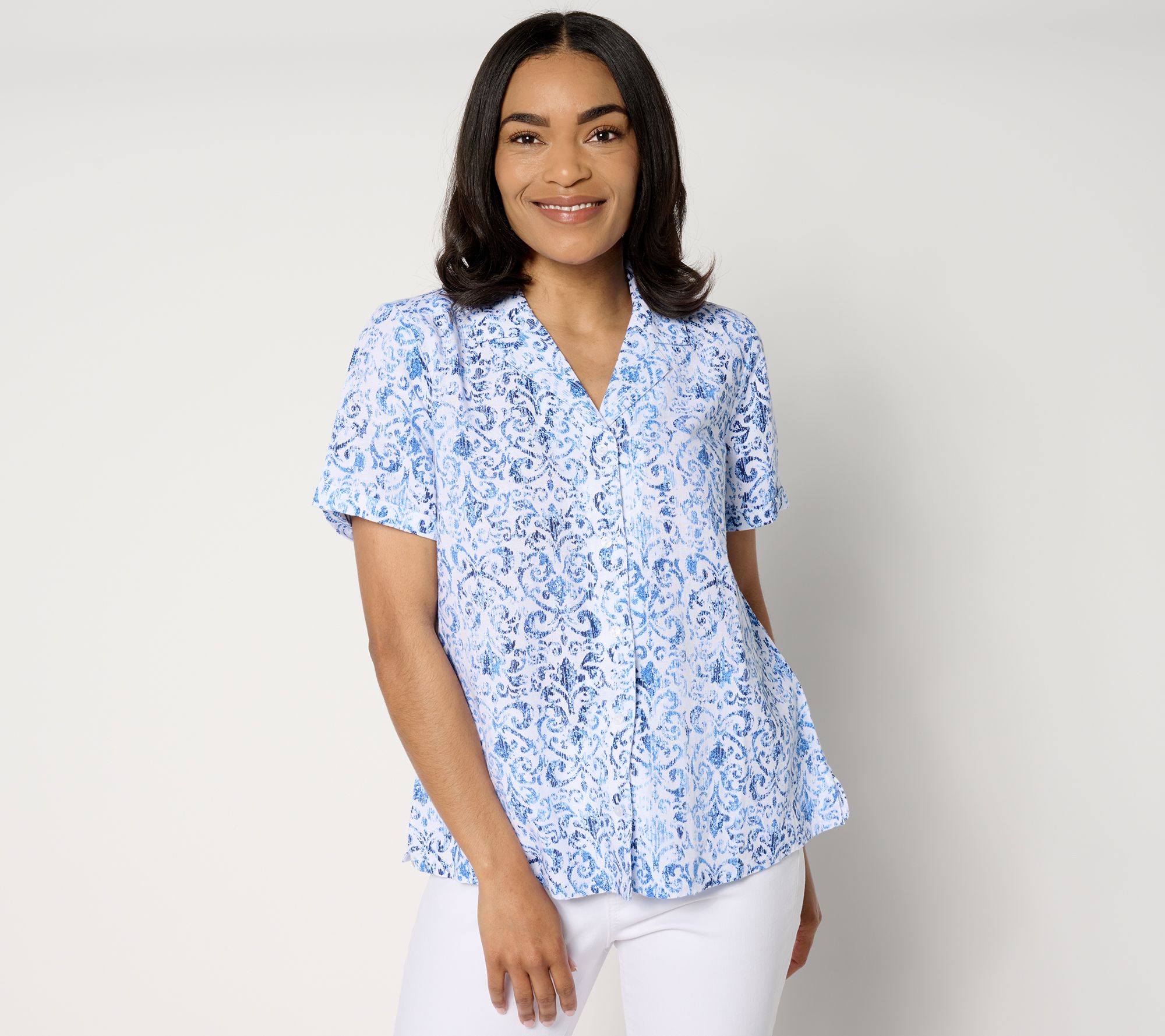 Denim & Co. Adaptive Print Button-Front Shirt w/ Side Slits - QVC.com