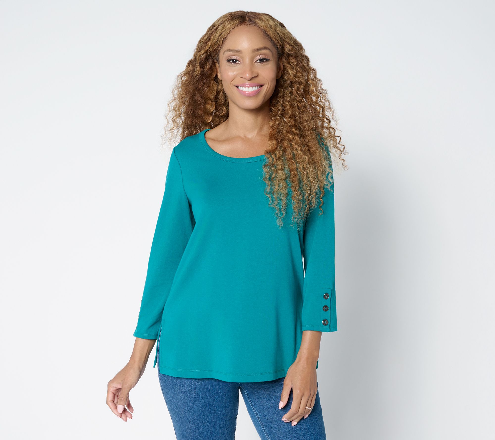 Susan Graver Weekend Comfy Cotton 3/4-Slv Top with Button Detail