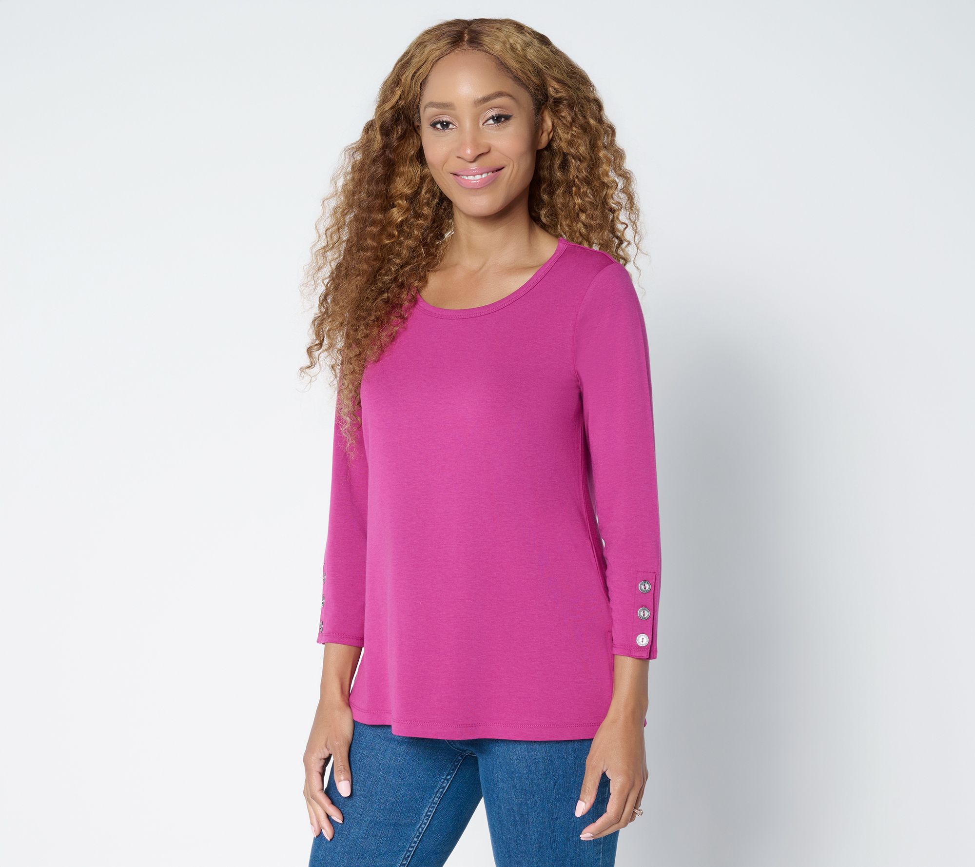 Susan Graver Weekend Comfy Cotton 3/4-Slv Top with Button Detail