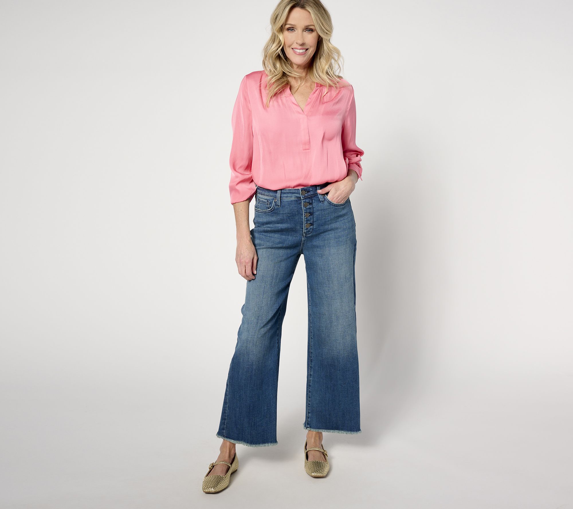 NYDJ High Rise Teresa Wide Leg w/ Button Fly - Mission Blue - QVC.com