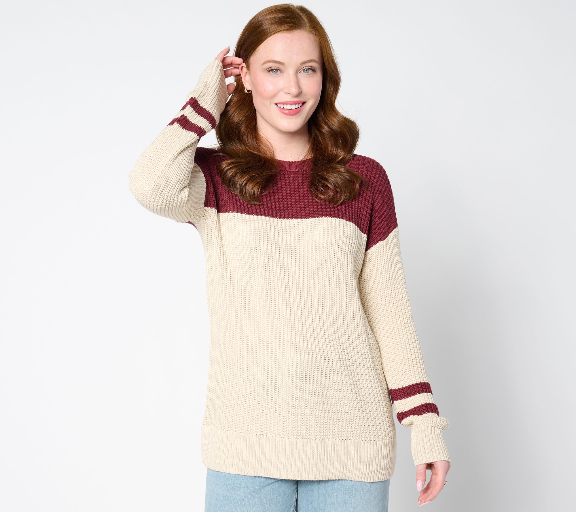 Belle by Kim Gravel Varsity Colorblock Chunky Shaker Knit Sweater