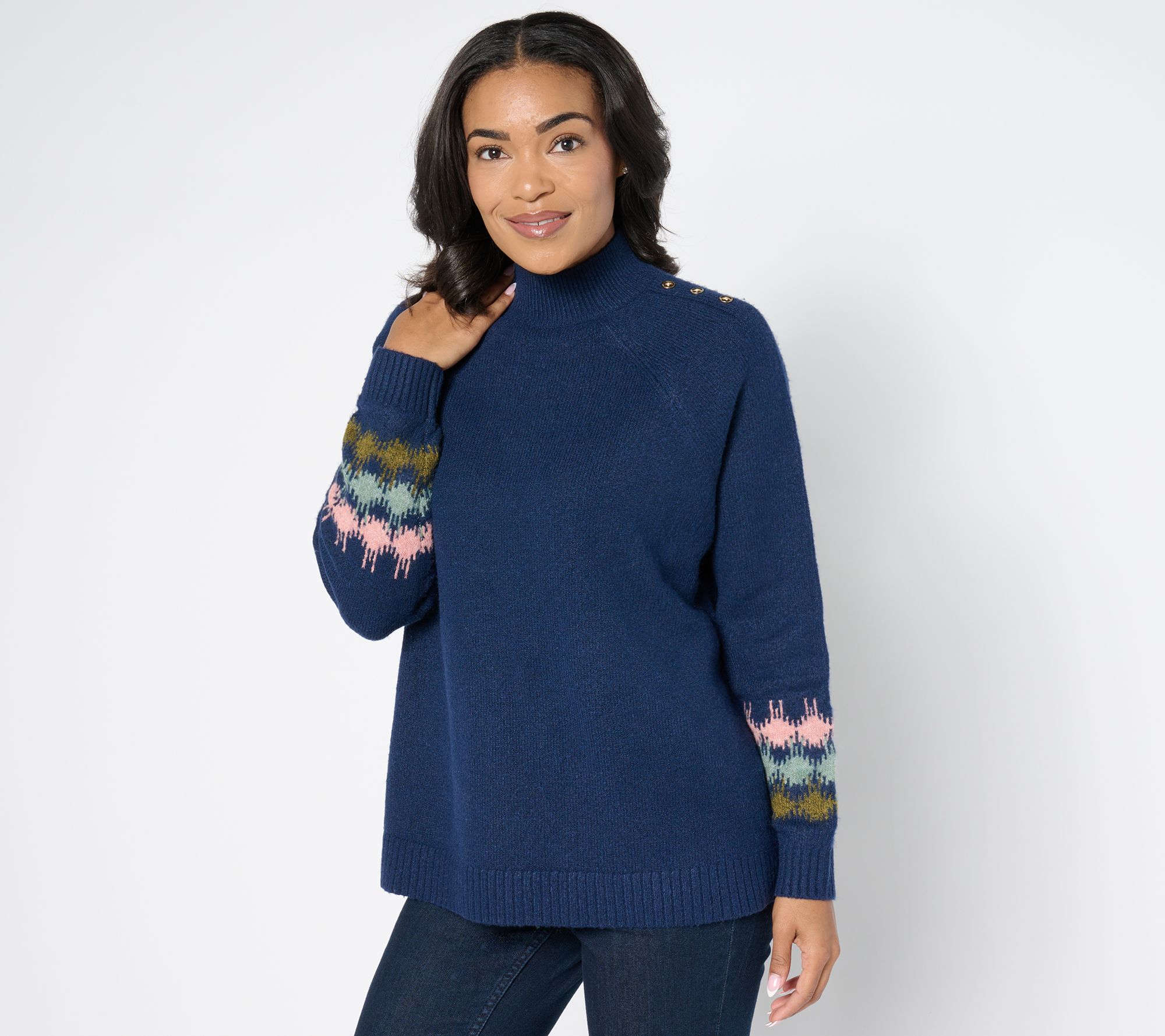 Denim & Co. Heritage Fair Isle Mock Neck Raglan Sweater