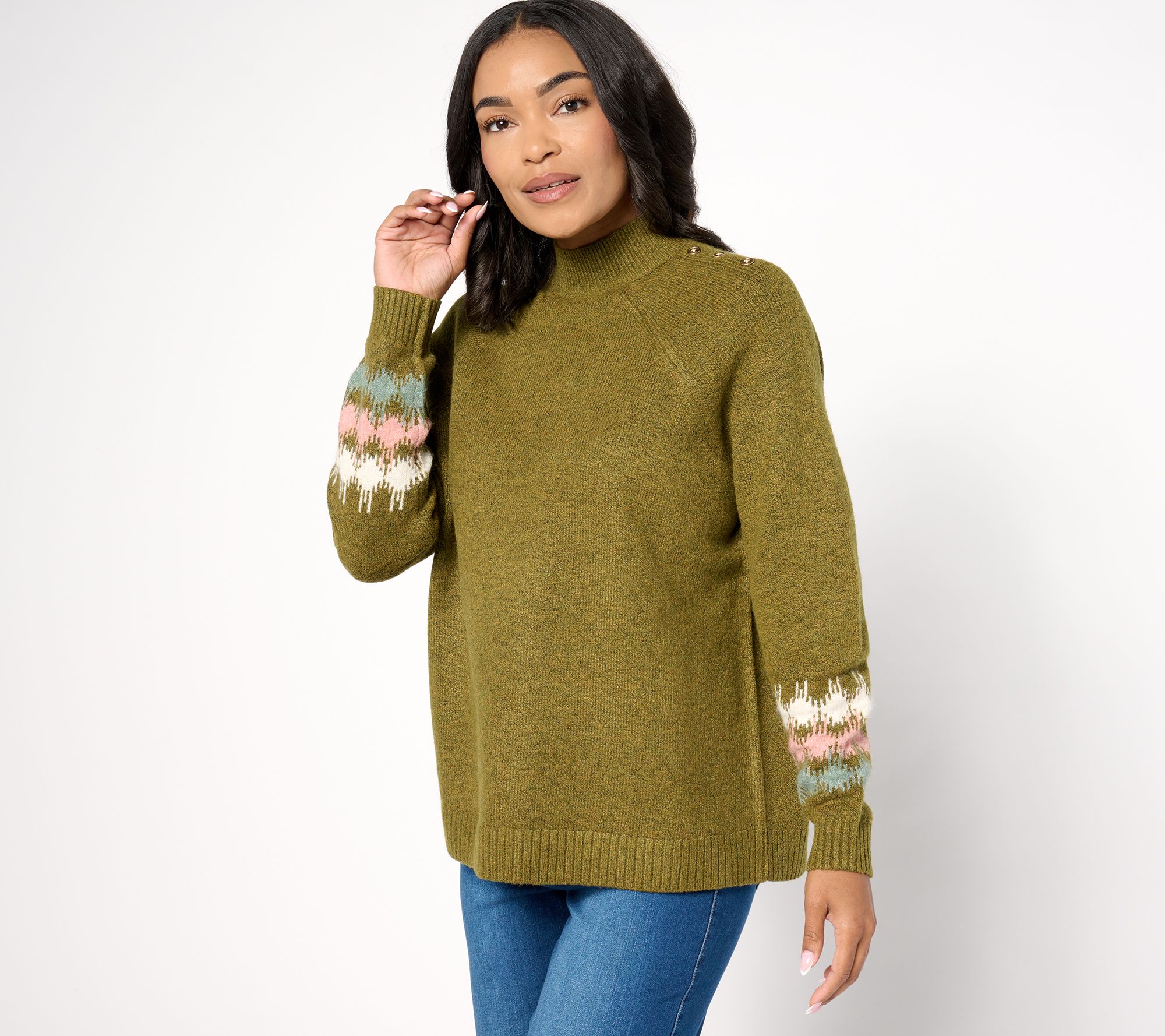Denim & Co. Heritage Fair Isle Mock Neck Raglan Sweater