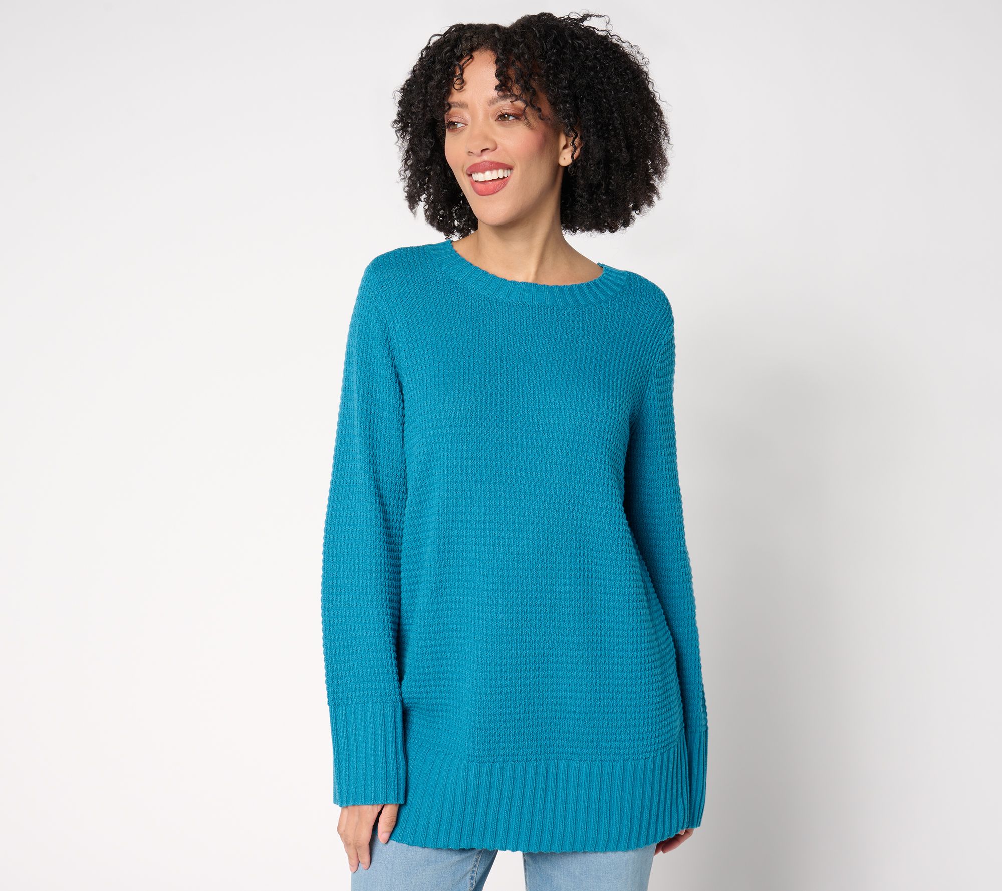 Denim & Co. Petite Stitch Detail Crew Neck Tunic Sweater