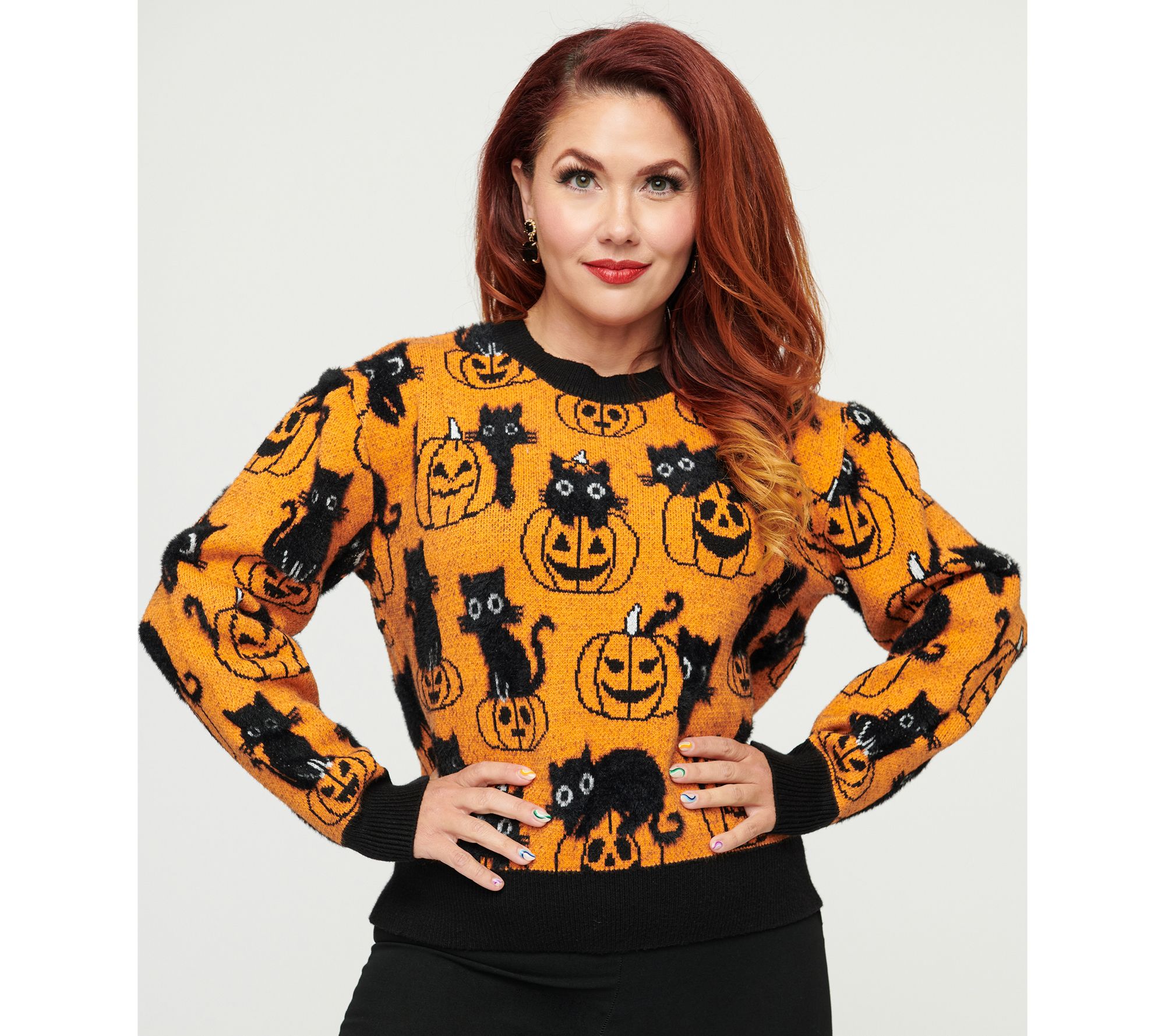 Unique Vintage Plus Size Orange Pumpkin Black Cat Print Sweater