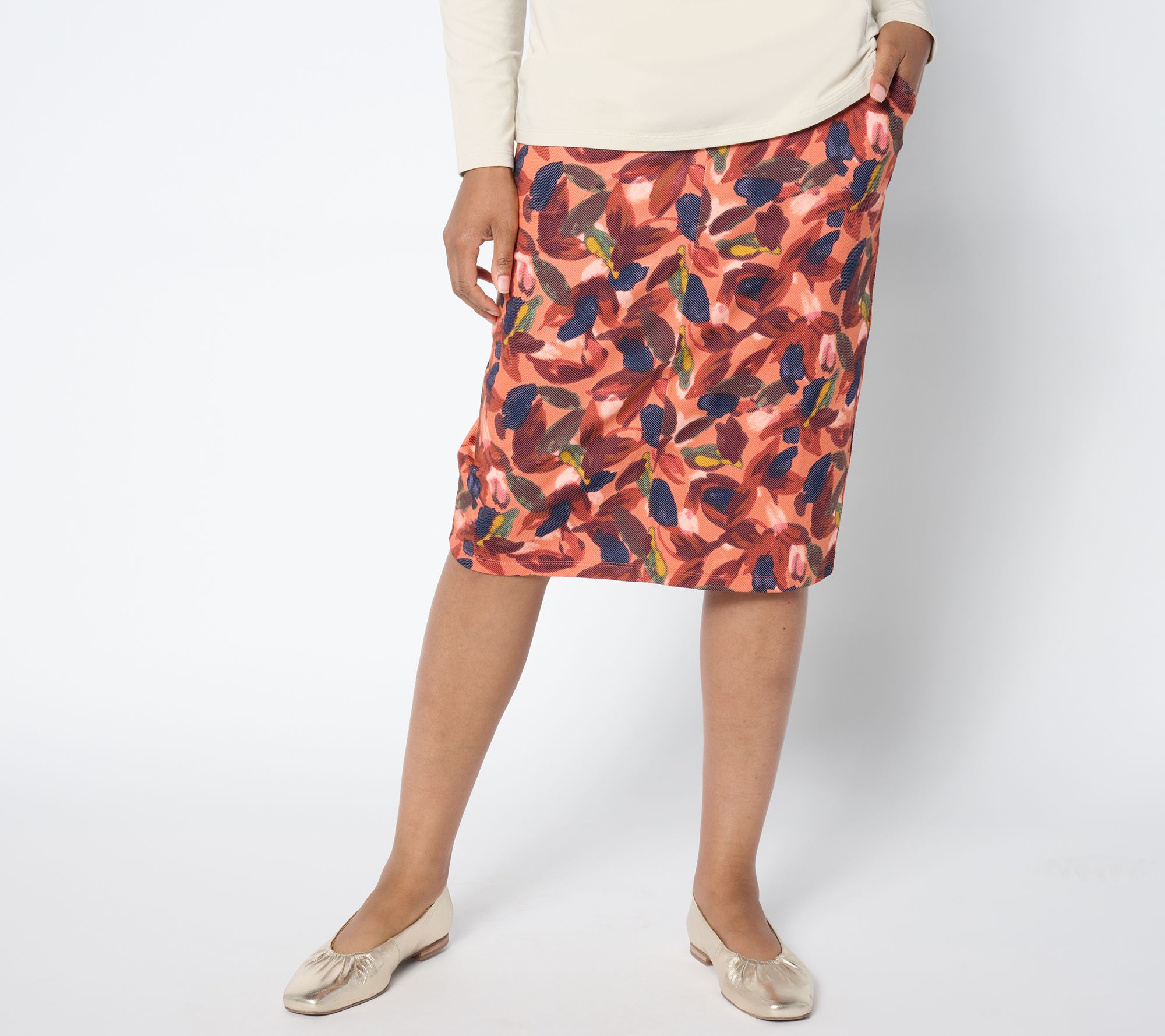 "As Is" Denim & Co. Regular Printed Knit Twill Pull On Skirt