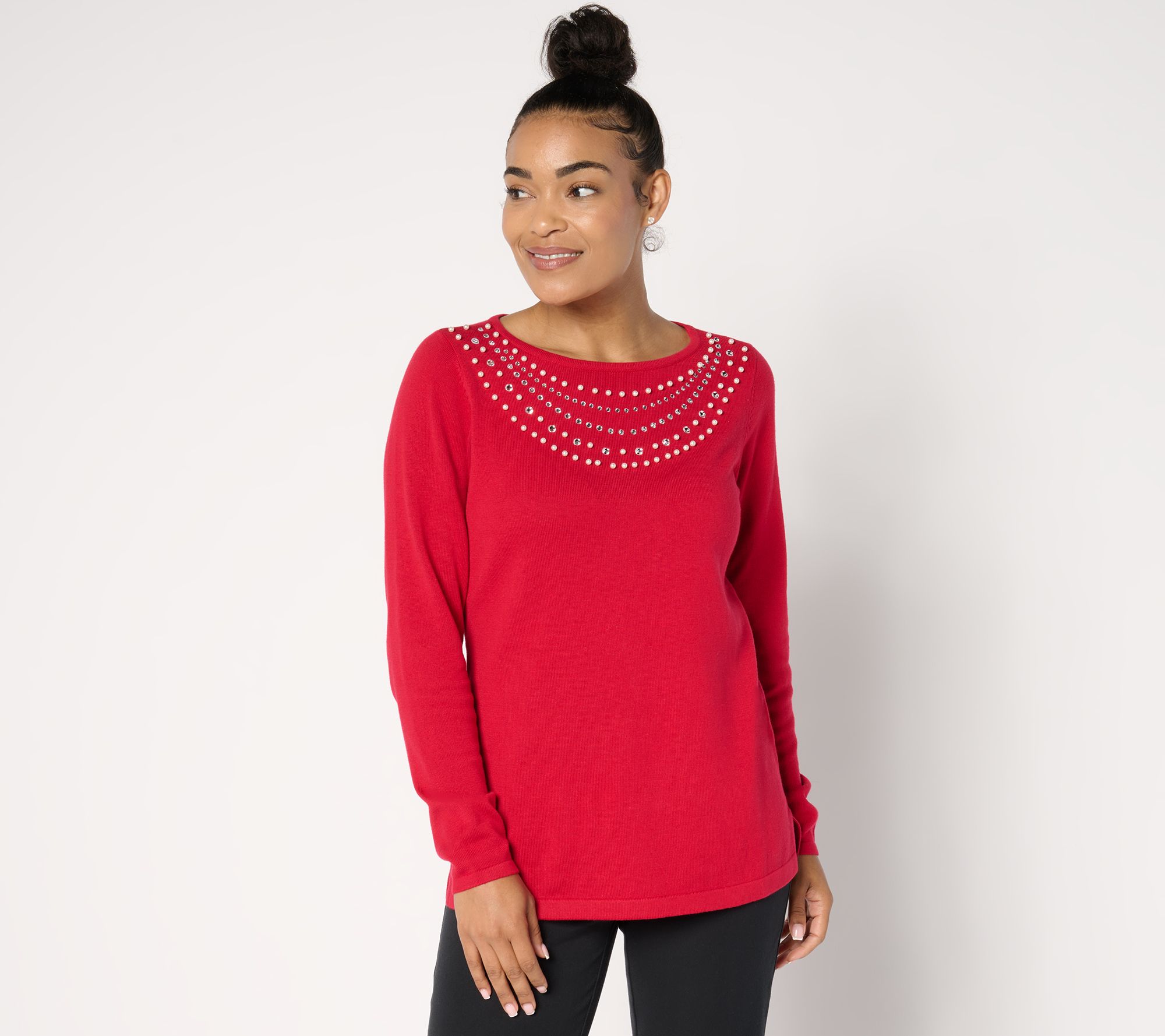 "As Is" Quacker Factory Pearl and Rhinestone Necklace Long Sleeve Sweater