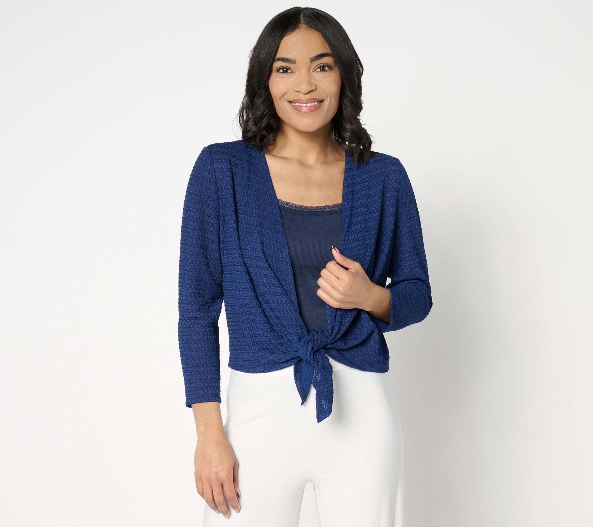 Susan Graver Textured Knit Tie-Front 3/4-Sleeve Shrug