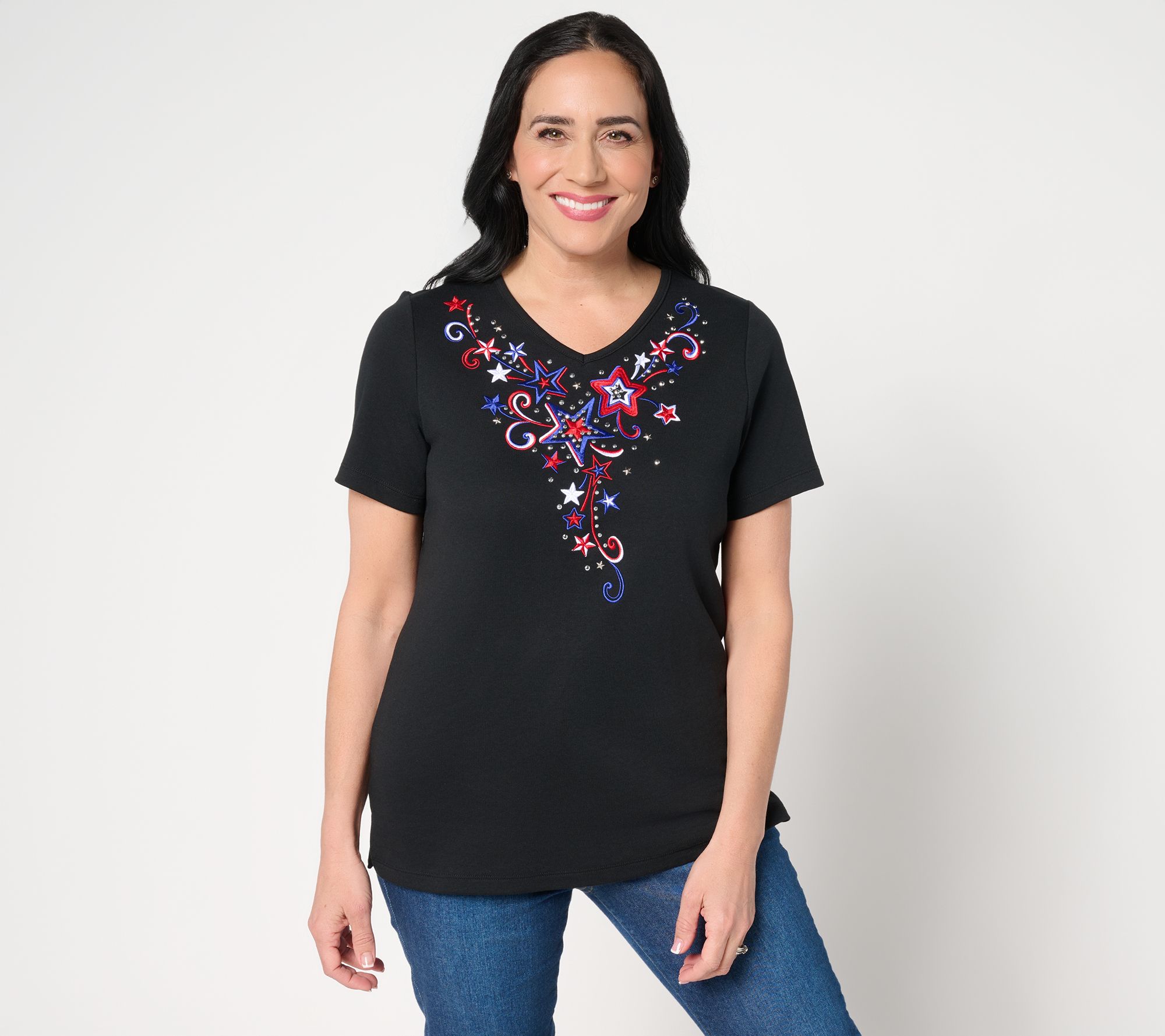 Quacker Factory Aim For the Stars V-Neck Short Sleeve Top