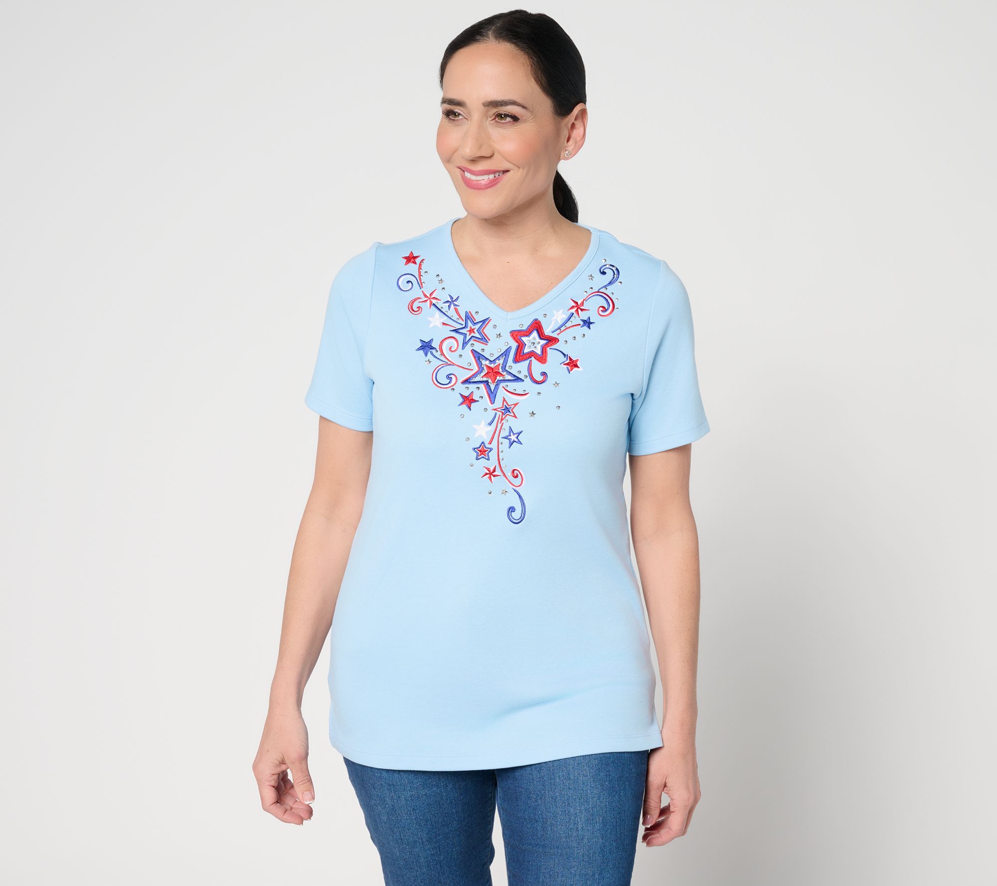 Quacker Factory Aim For the Stars V-Neck Short Sleeve Top