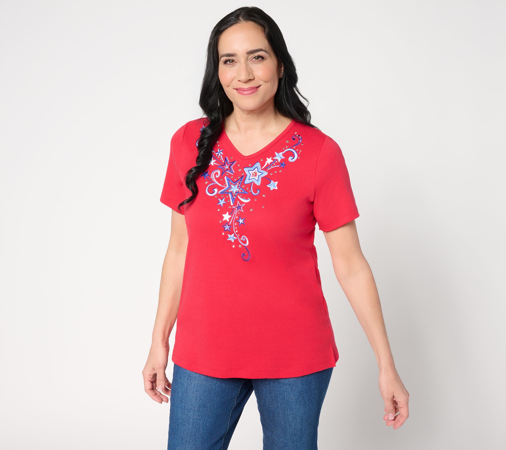 Quacker Factory Aim For the Stars V-Neck Short Sleeve Top