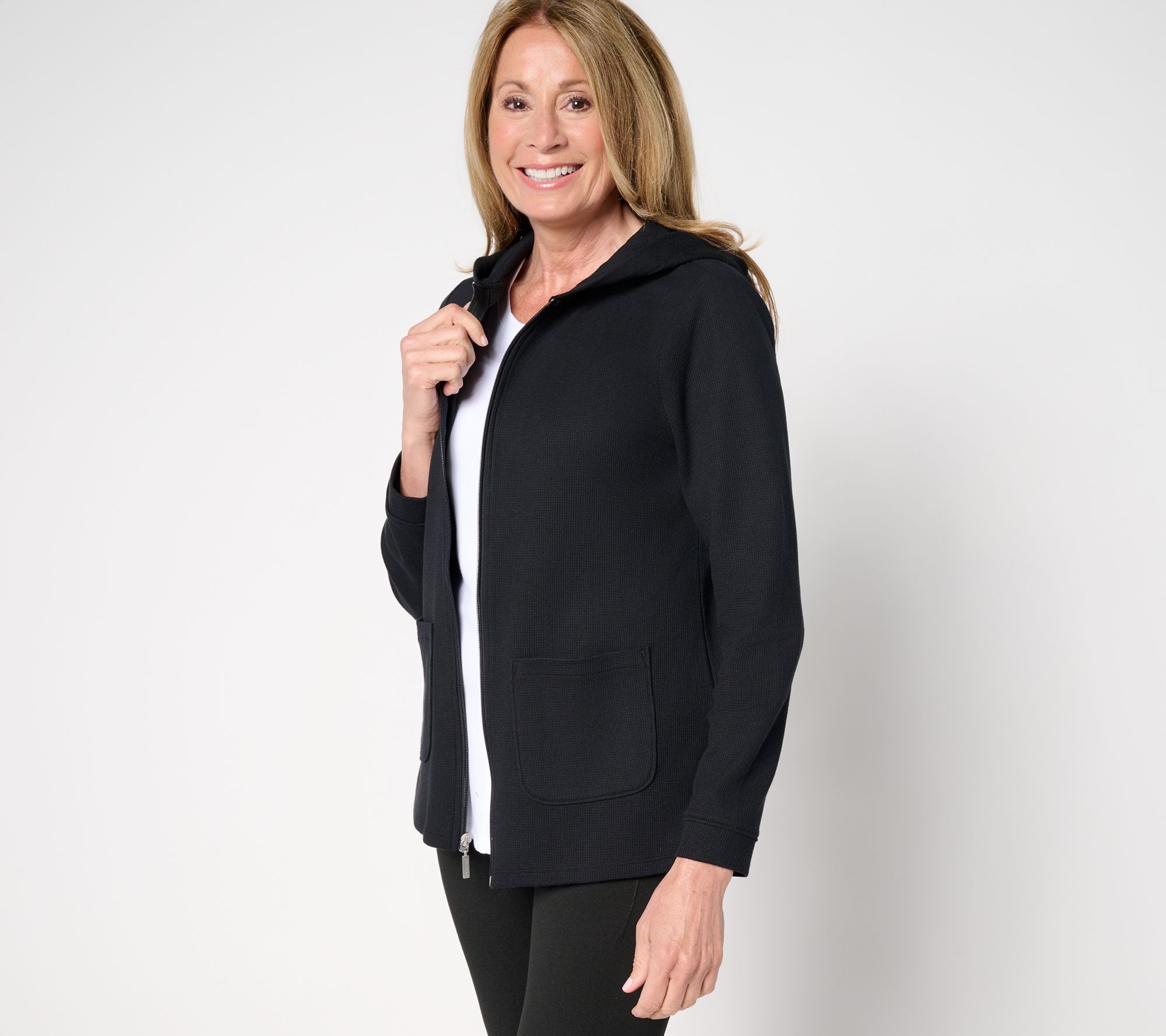 Denim & Co. Active Waffle Knit Zip Front Hooded Jacket