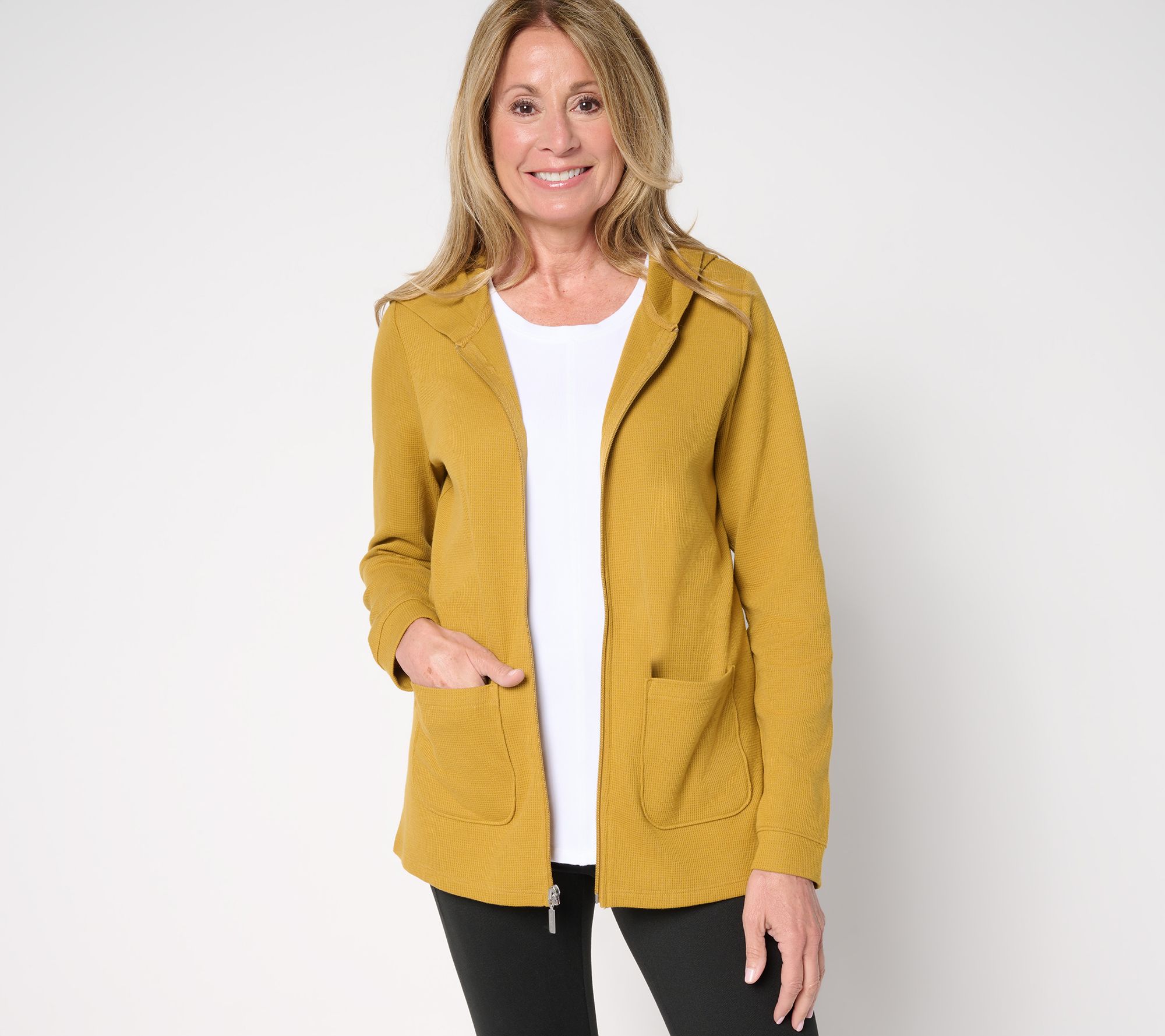 Denim & Co. Active Waffle Knit Zip Front Hooded Jacket